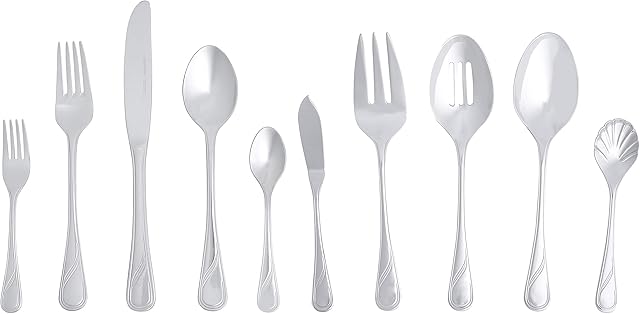 Amazon Basics 65-Piece Stainless Steel Modern Finish Flatware Set, Service for 12