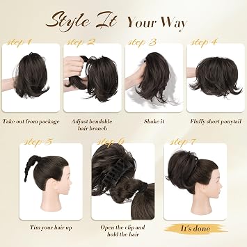 FESHFEN Claw Clip Short Ponytail Extensions - DIY Bendable Metals Fluffy Messy Bun Hair Piece Straight Synthetic Hairpieces Ponytail Extension for Women, Off Black