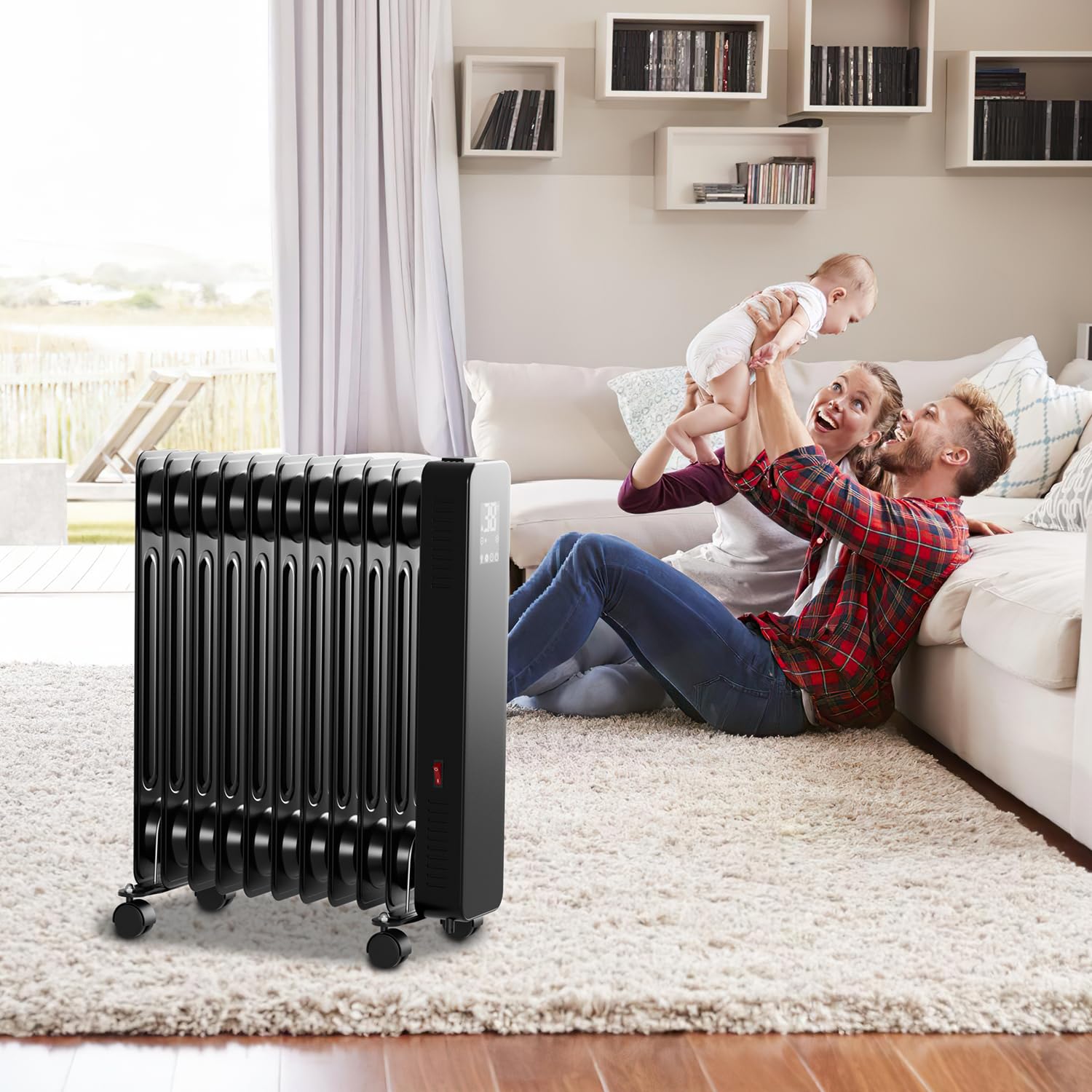 Fiqops Ölradiator 2500W, Ölradiator Energiesparend,mit 11 Rippen 3 Heizstufen,Thermostat,WiFi App & Fernbedienung,Digitalem Display,Elektrische Heizung Überhitzungsschutz,Ölheizung Schwarz