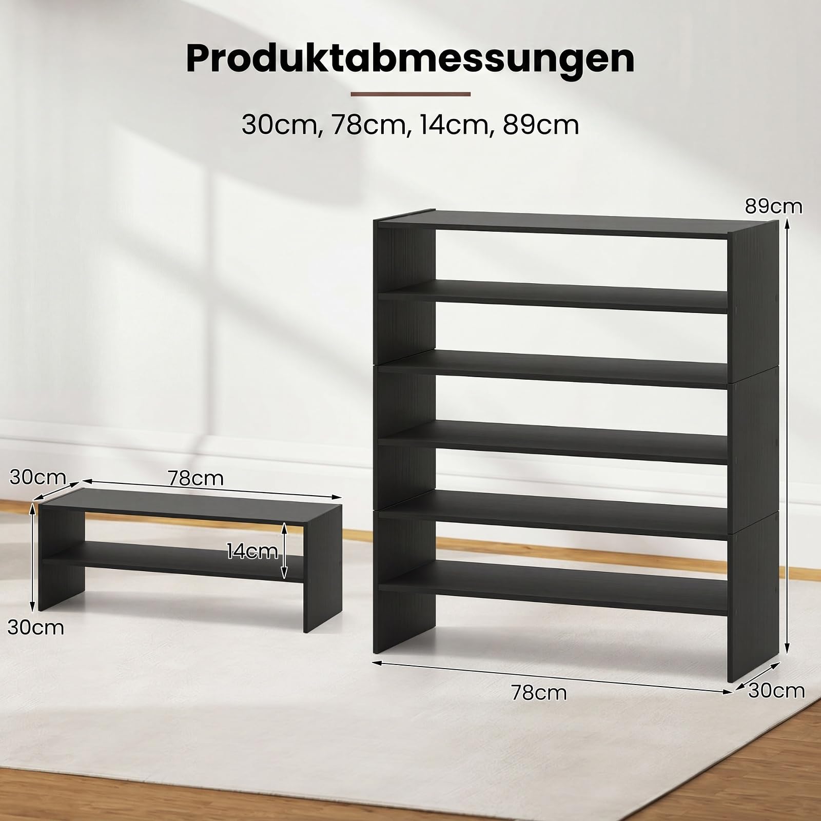 COSTWAY Schuhregal stapelbar Holz, Schuhorganizer Freikombination (Schwarz) | 6 stufiges Holzschuhregal mit Anti-Kipp-Vorrichtung, Moderner Schuhturm freistehend für Schlafzimmer, Flur, Eingangsbereich