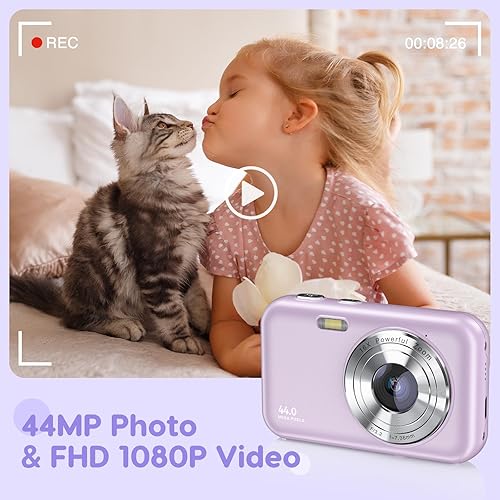 Miniatura 2 de Cámara digital, FHD 1080P para niños, cámara de apuntar y disparar de 44 MP, cámara pequeña compacta con zoom 16X para niños con tarjeta de 32G y 2