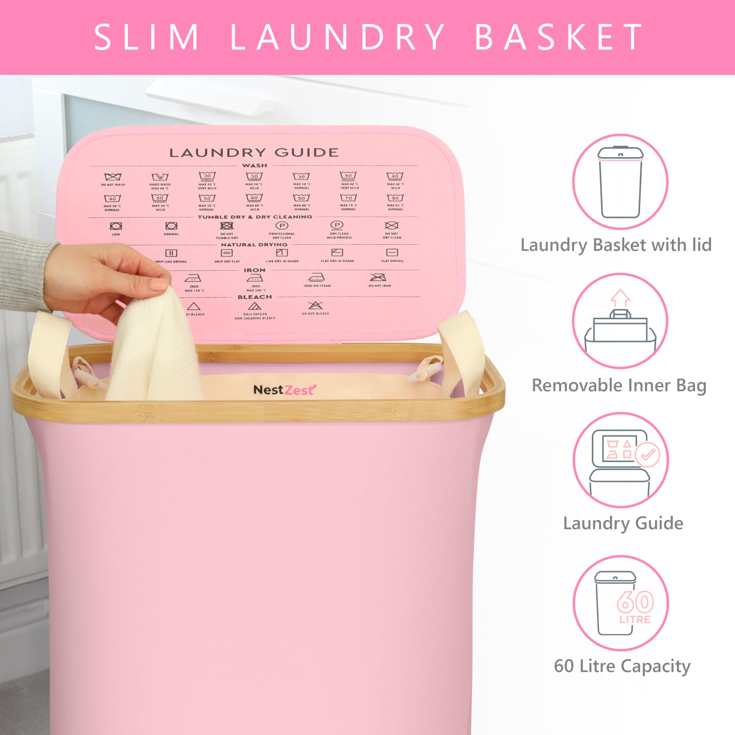 Nest Zest 60L Slim Laundry Basket with Lid - Image 2