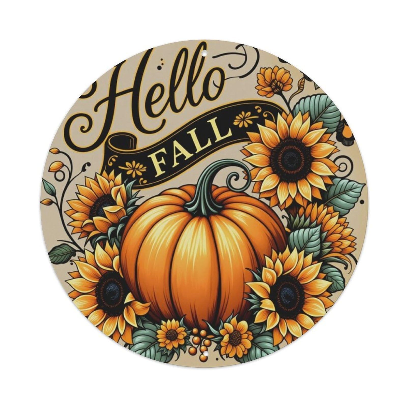 Autumn Pumpkin Sunflower Round Decor Sign Vintage Aluminium Metal Sign, Retro Wall Decor for Home, Bar, Garage & Farmhouse 20x20cm