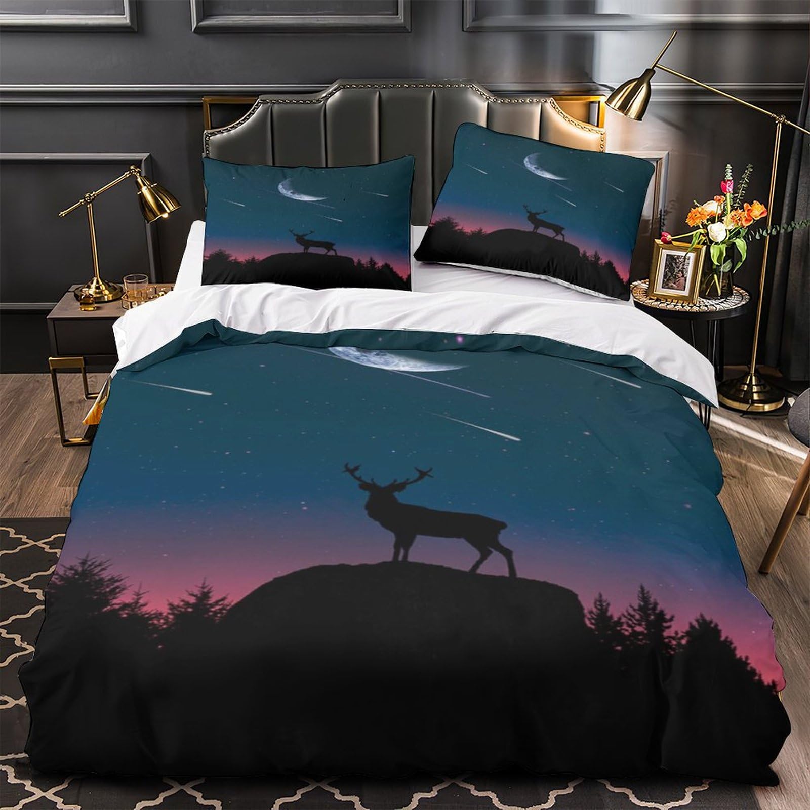 MXRMXR Deer Bedding Set Comforter Cover Duvet Cover 3D Bedspread 3 Piece Quilt Cover with Zipper Closure Soft Microfiber for Kids Children Single（140x200cm）