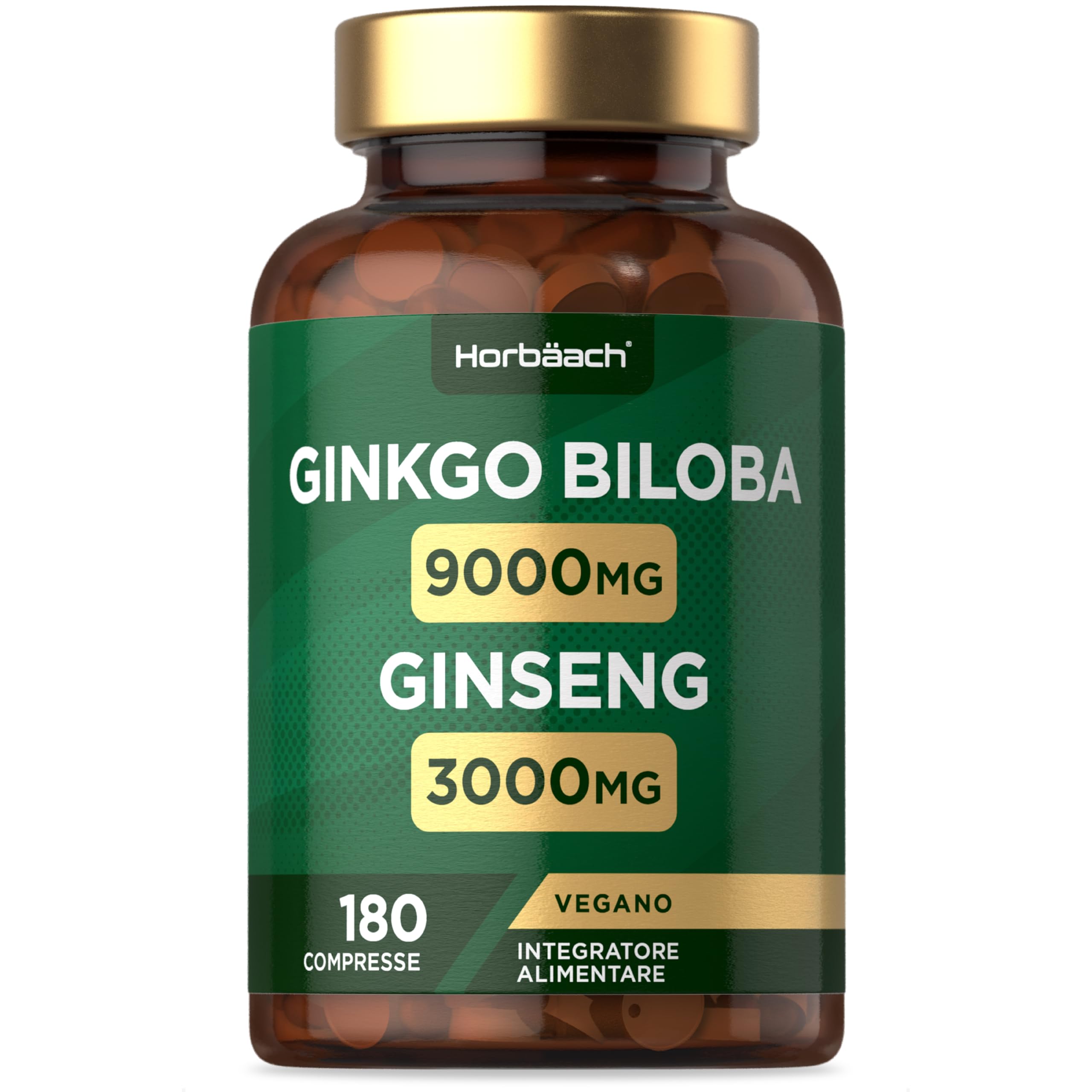 Ginkgo Biloba e Ginseng Integratore 12000mg | 180 Compresse Vegane | Ginkgo 9000 mg e Radice di Ginseng Coreano 3000 mg | di Horbaach