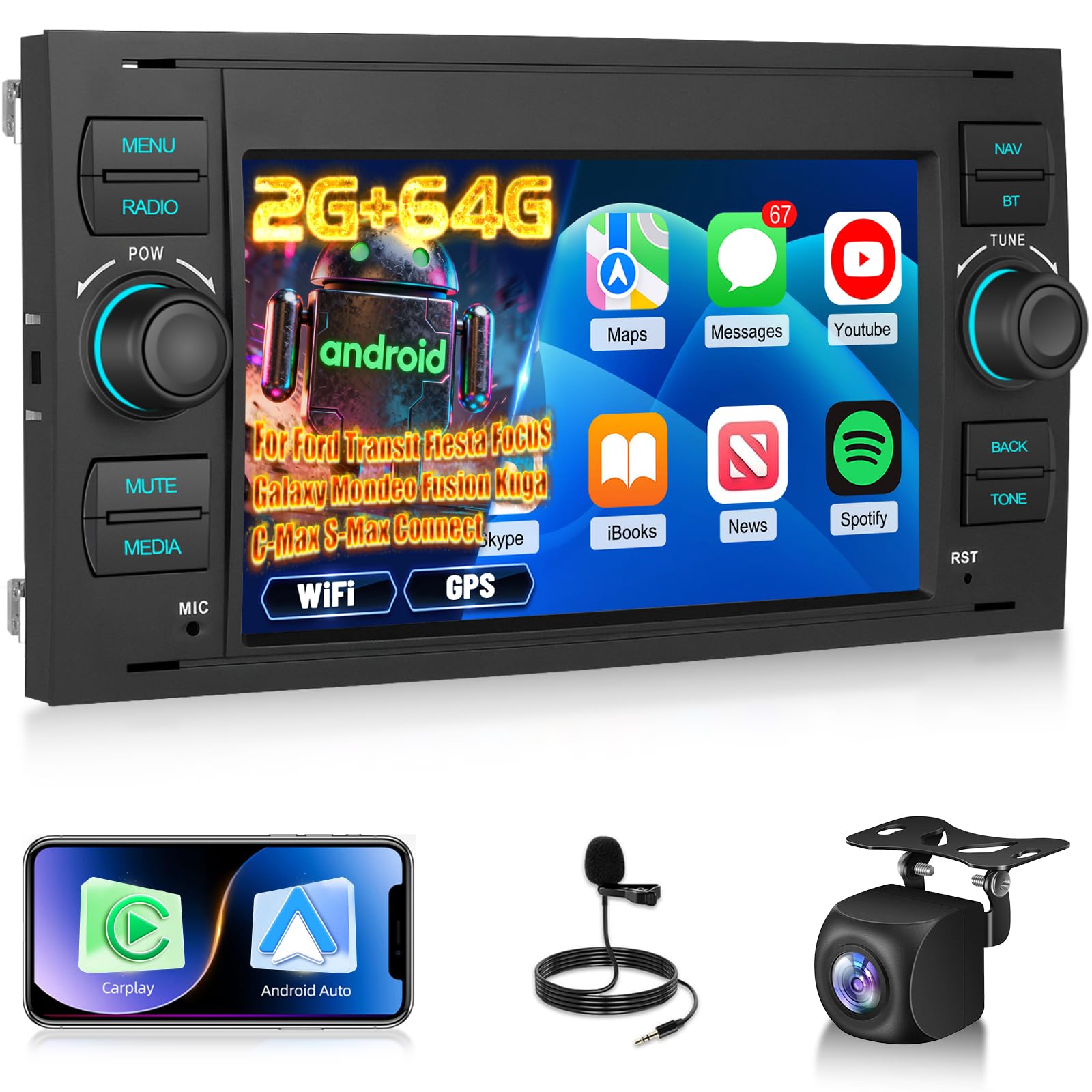 2G+64G Android Autoradio per Ford Transit Fiesta Focus Galaxy Mondeo Fusion Kuga C-Max S-Max con Wireless Carplay e Android Auto, Touch Screen 9 Pollici con WiFi, Navigazione GPS, Bluetooth, FM RDS