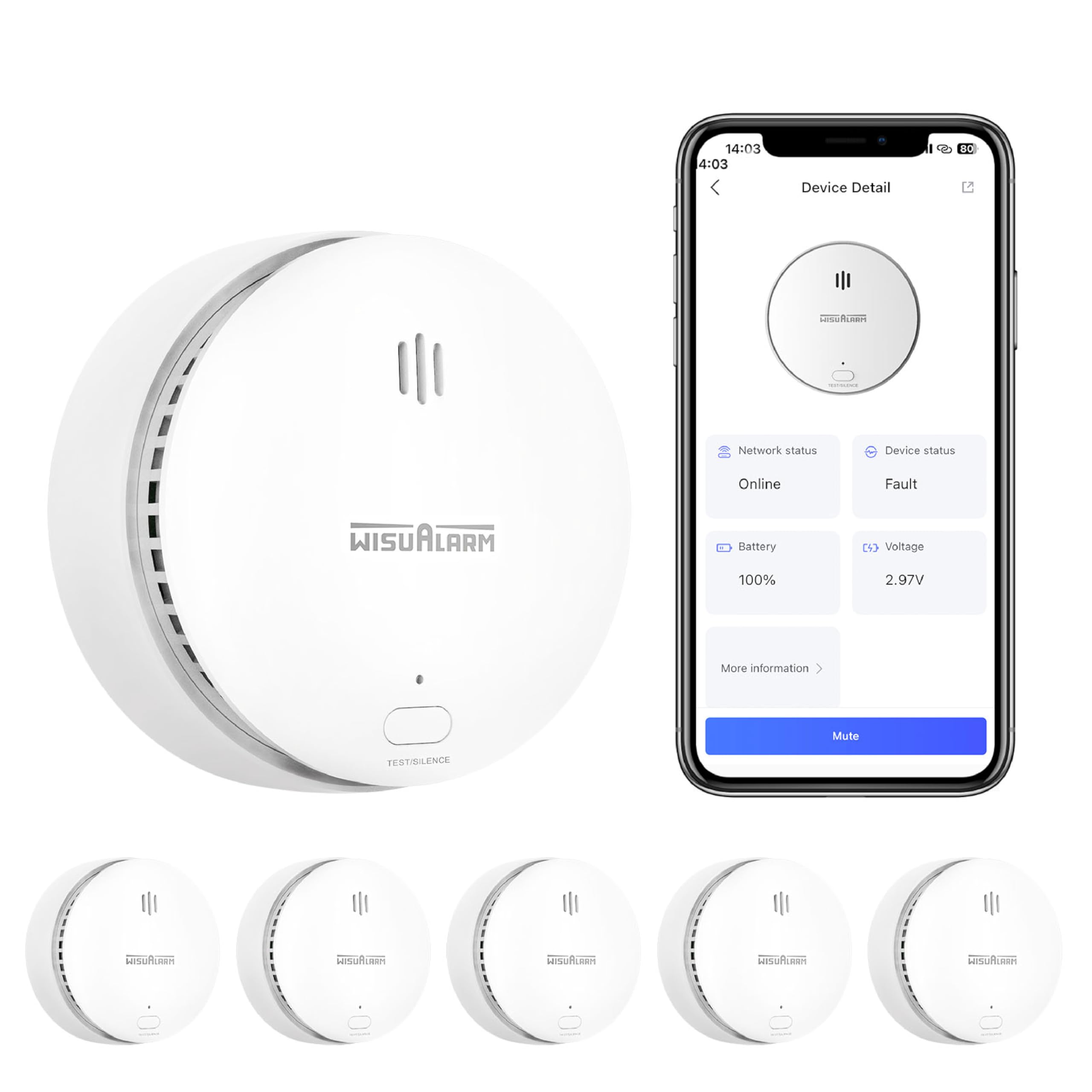 Detector de Humo para el Hogar, Alarma de Humo WiFi con Batería Reemplazable, Compatibles con Wisualarm Home Security App, Certificado por TÜV Cumple con EN 14604 (5 Piezas WiFi)