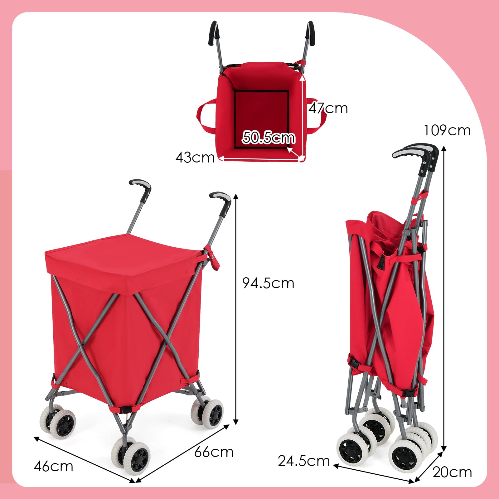 Chariot De Courses Pliable COSTWAY 90L - Structure Acier X - Roues Freinage - Charge 54kg - Noir