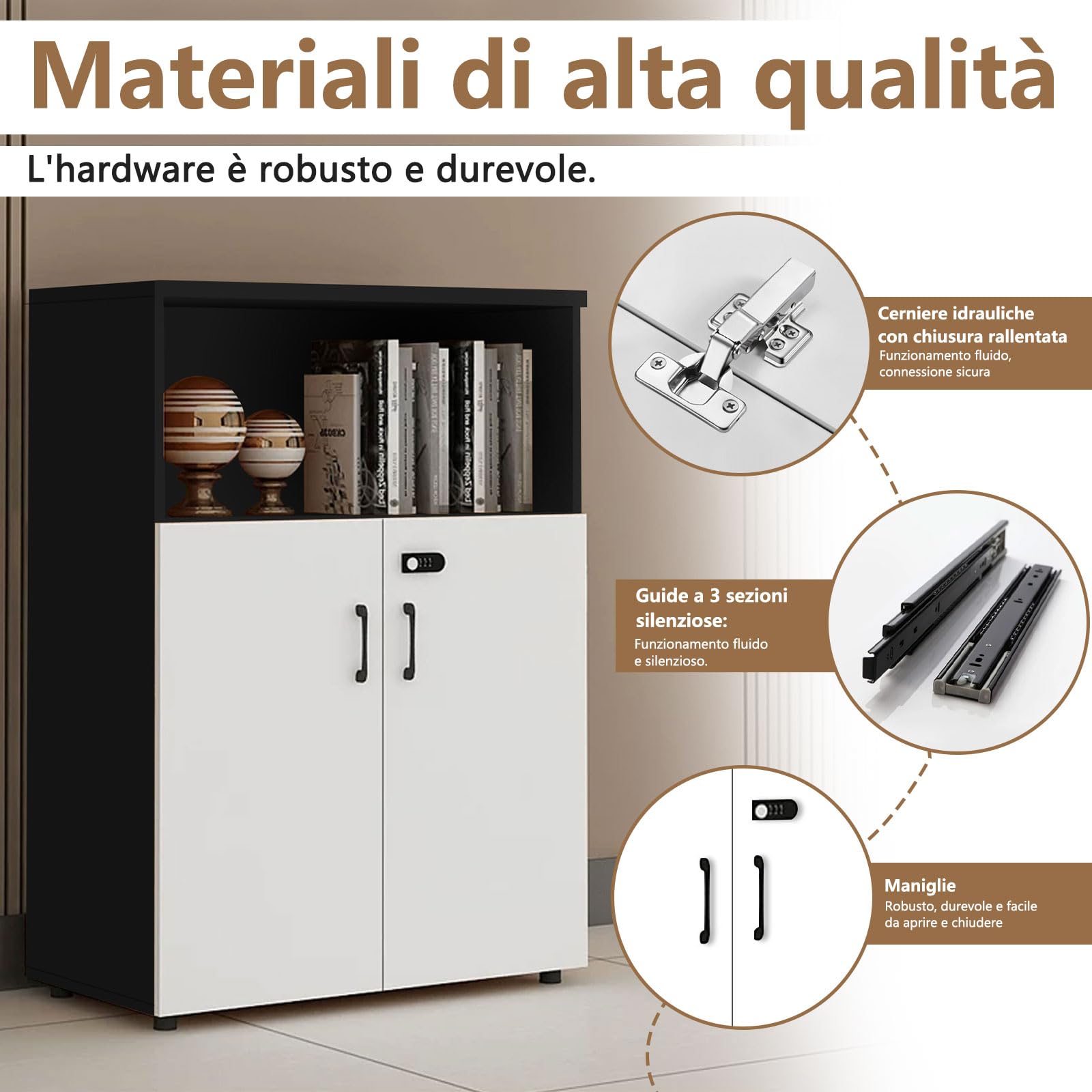 Schedario da Ufficio in Legno con Serratura, Cassettiera Ufficio con 3 Cassetti e Anta, Mobile per Documenti A4 e Letter, Portadocumenti con Ripiani Aperti e Supporto Stampante