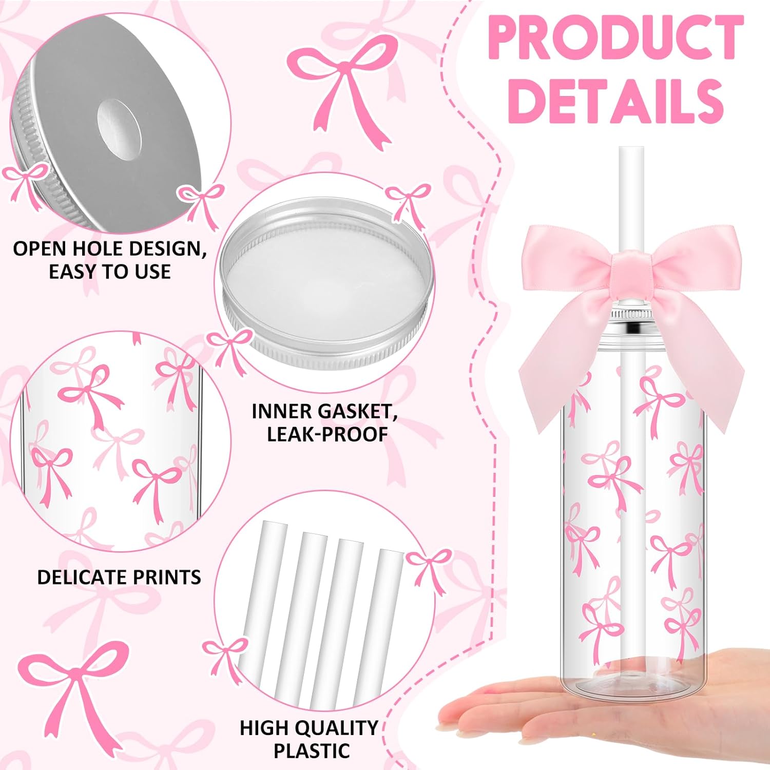 Skylety 24 Pcs 14oz Pink Bow Plastic Bottle with Straw Lid and Twist Bow Disposable Coquette Bottles Cute Inspired Retro Reusable Bottles for Women Birthday Party Friend Drinkware