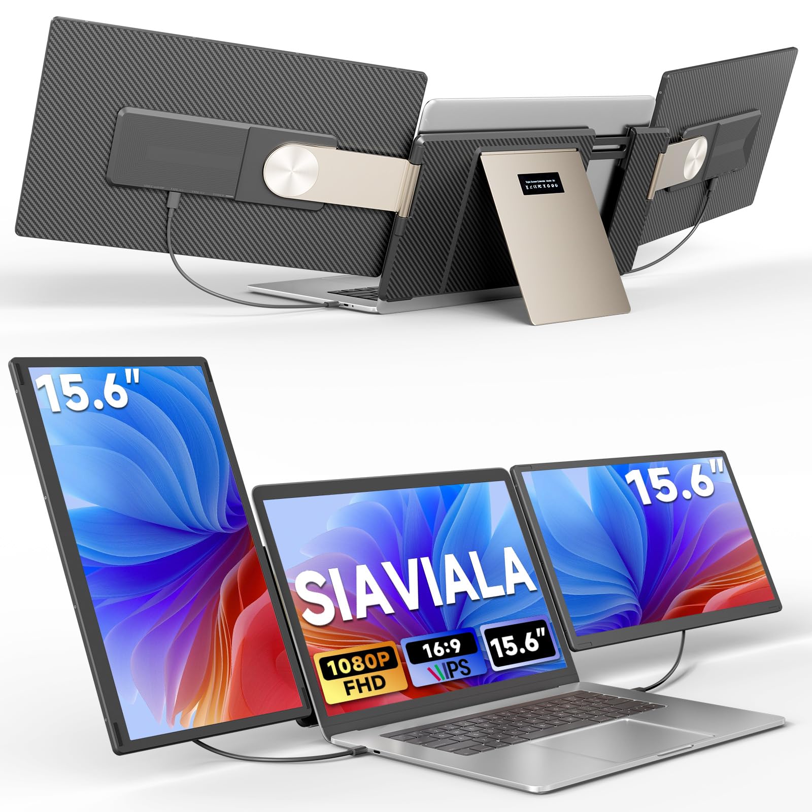 Ecran Portable 15.6” FHD 1080P, Triple Extension D'écran pour PC Portable, Amovible et orientable à 235°Écran Dual pour Ordinateurs Portables de 13 à 17,3”, Plug & Play avec Mac/Windows