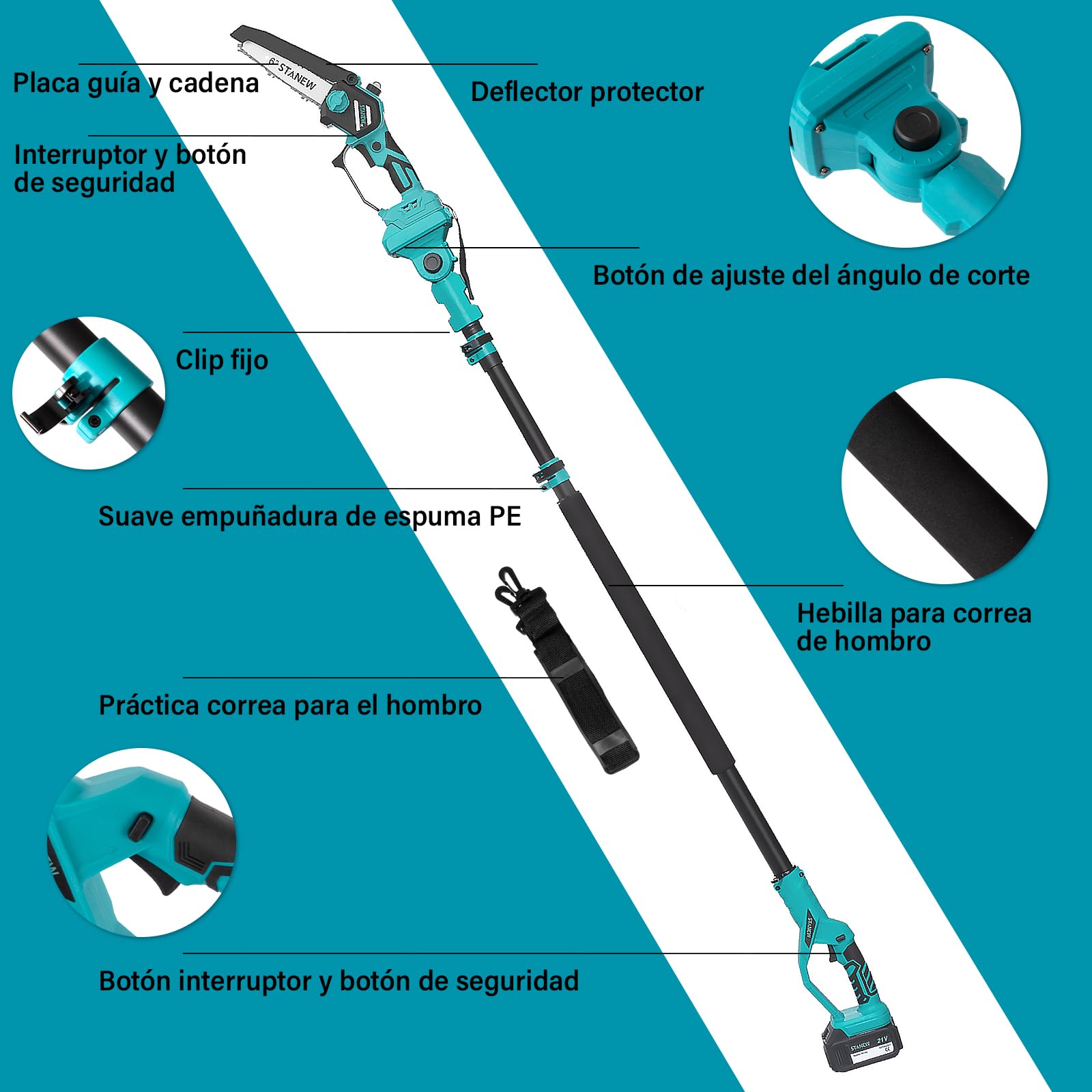 Stanew Motosierra,Batería con 2 Baterías 4000 mAh y 6 Pulgadas | Alcance hasta 4,55 m,Regulación 0-120°,Pantalla LCD,Ideal para Podar Árboles