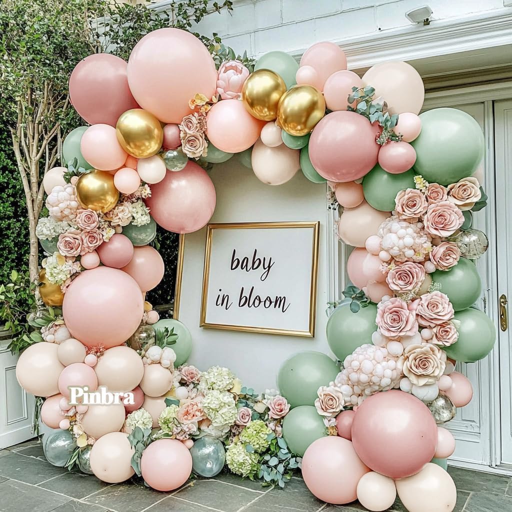 Dusty Green Pink Balloon Arch Double Stuffed Pastel Baby Pink Light Green White Cream Balloon Metallic Gold Latex Balloons for Baby in Bloom Bridal Shower Birthday Wedding Easter Party Decorations
