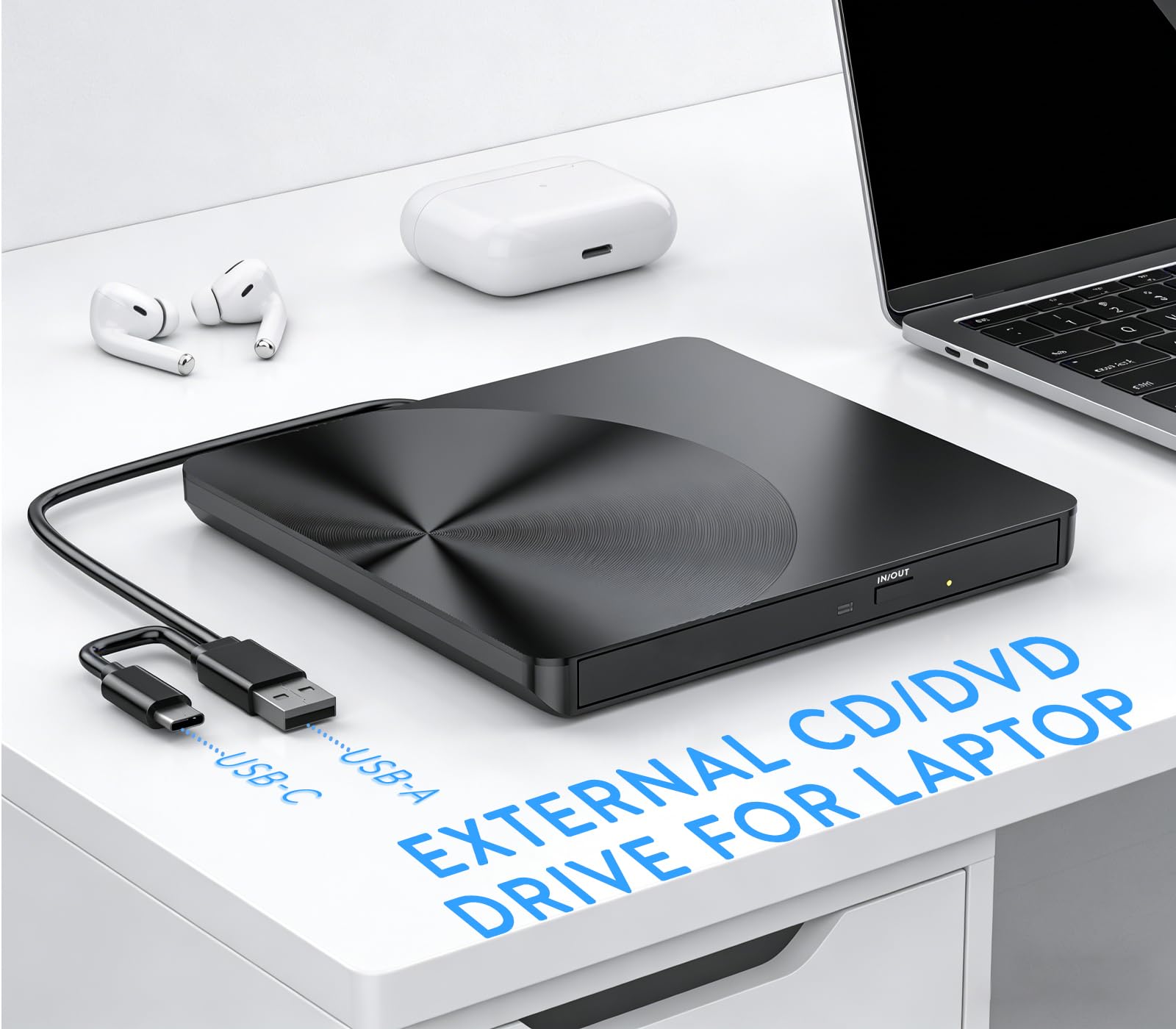 BRIGHTSHOW Unidad Externa portátil de CD/DVD, USB 3.0 y USB C Burner +/-RW Unidad óptica para Laptop, computadora de Escritorio, Windows 11/10/8/7, MacBook Mac Linux
