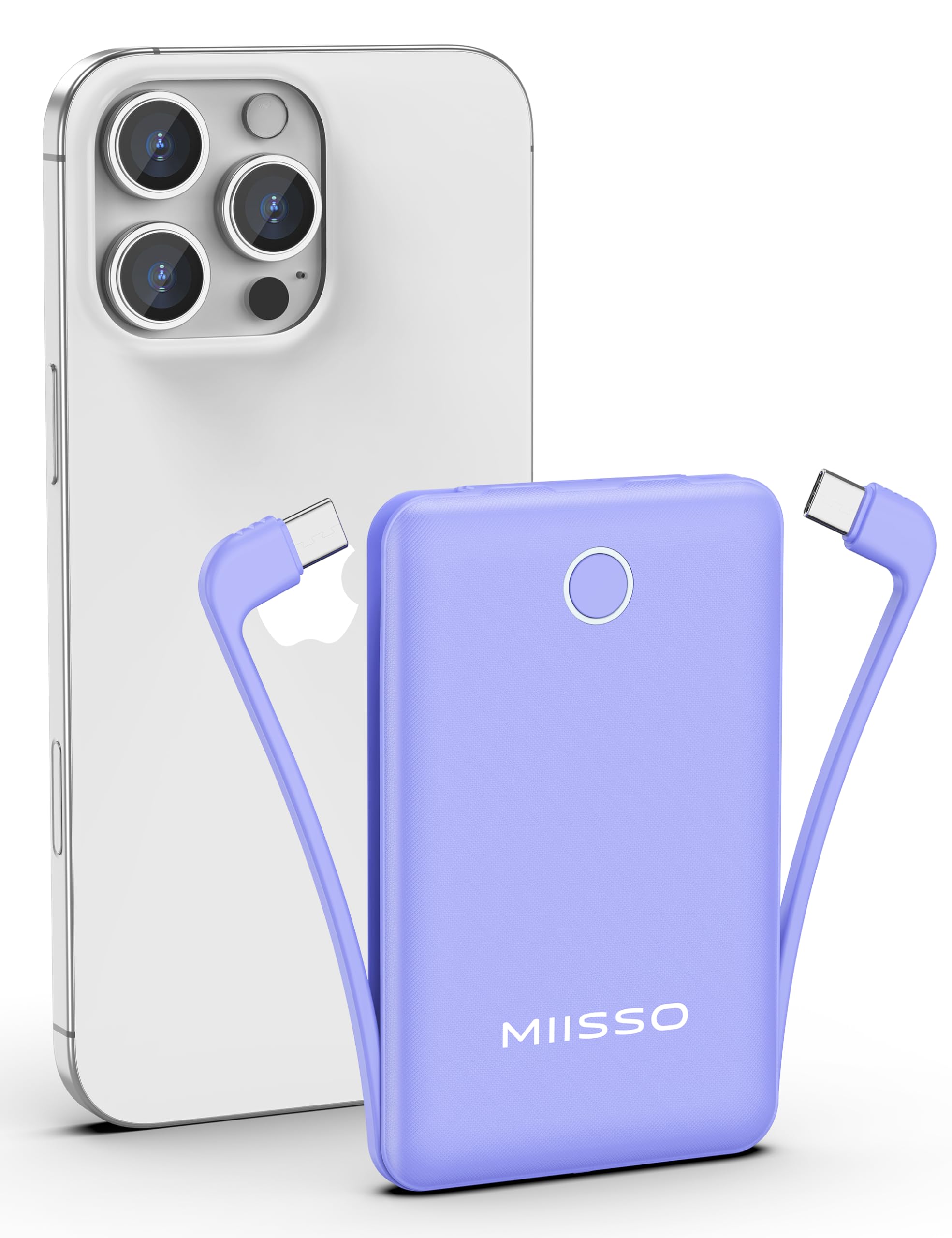miisso 10000mAh Compatible with iPhone 15/16/17 and Android, Slim Portable Charger with Built in Cable, Power Bank Travel Charger External Battery Pack for Phone, 3 Output USB Type C Cord, Purple