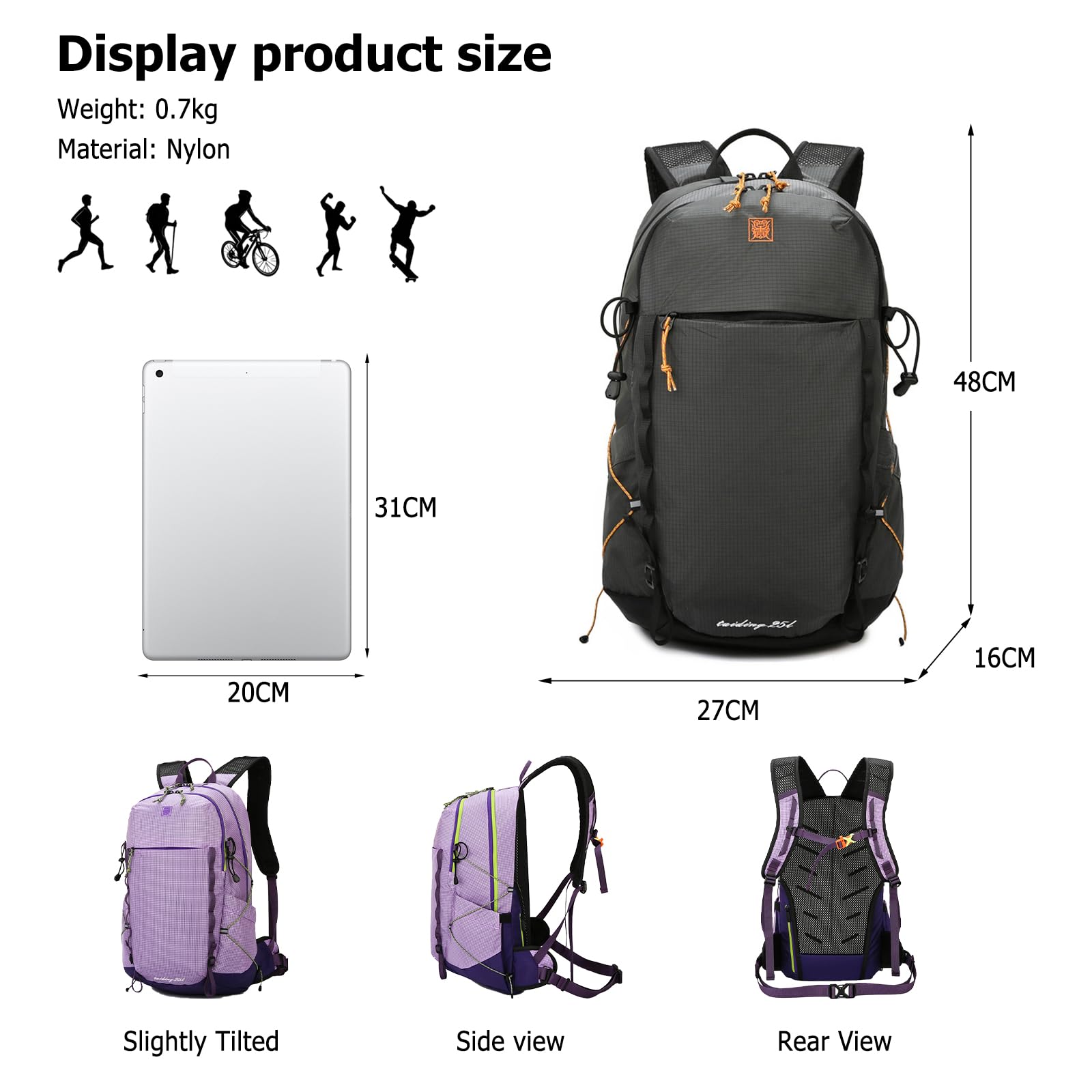 20L Zaino da Trekking Zaino Impermeabile Hiking Backpack Nylon Zaini per Donna Uomo Ciclismo Arrampicata Sport Nero
