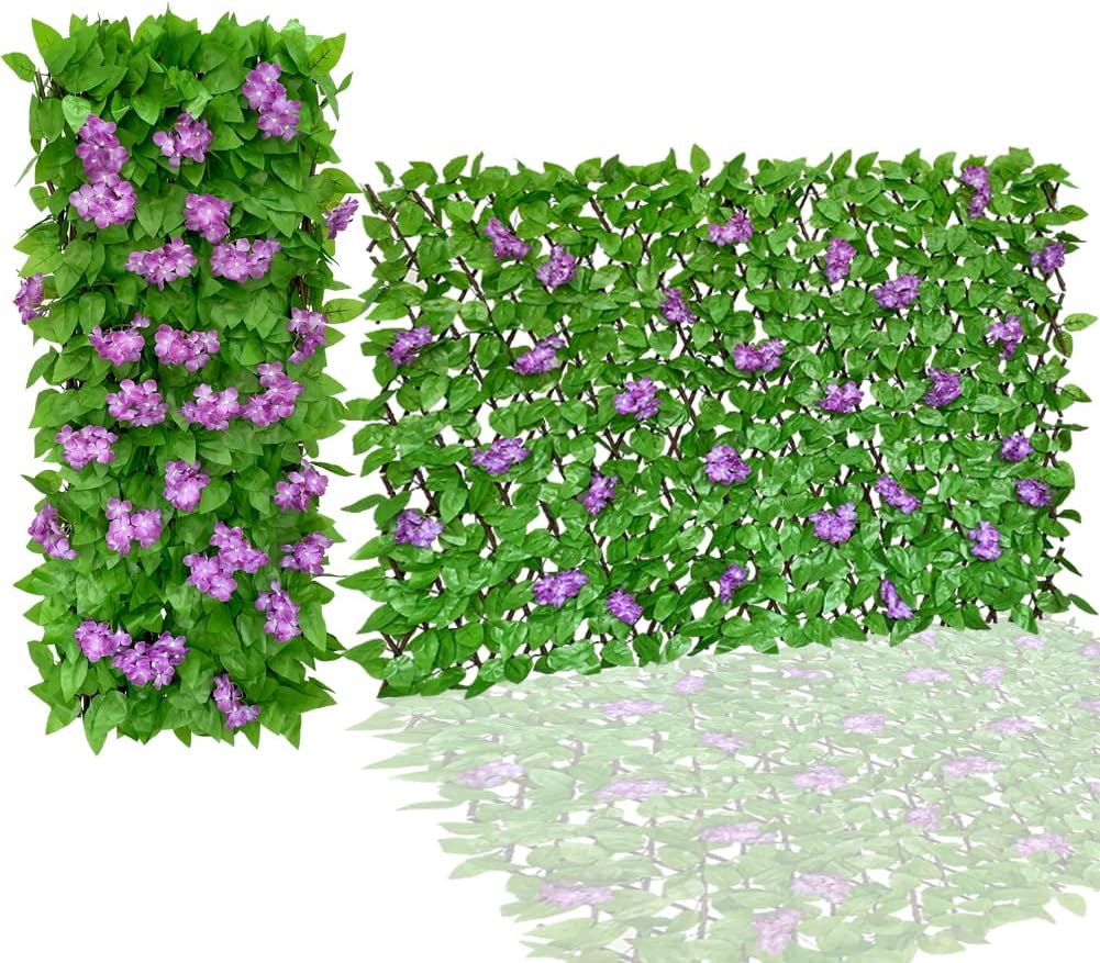 Expandable Fence Privacy Screen Faux Ivy Decorative for Outdoor Garden Wall Patio Balcony, Artificial Hedge Lattice Fencing(Single Sided Leaves) (4, Hydrangea-Purple) 4 Hydrangea-Purple