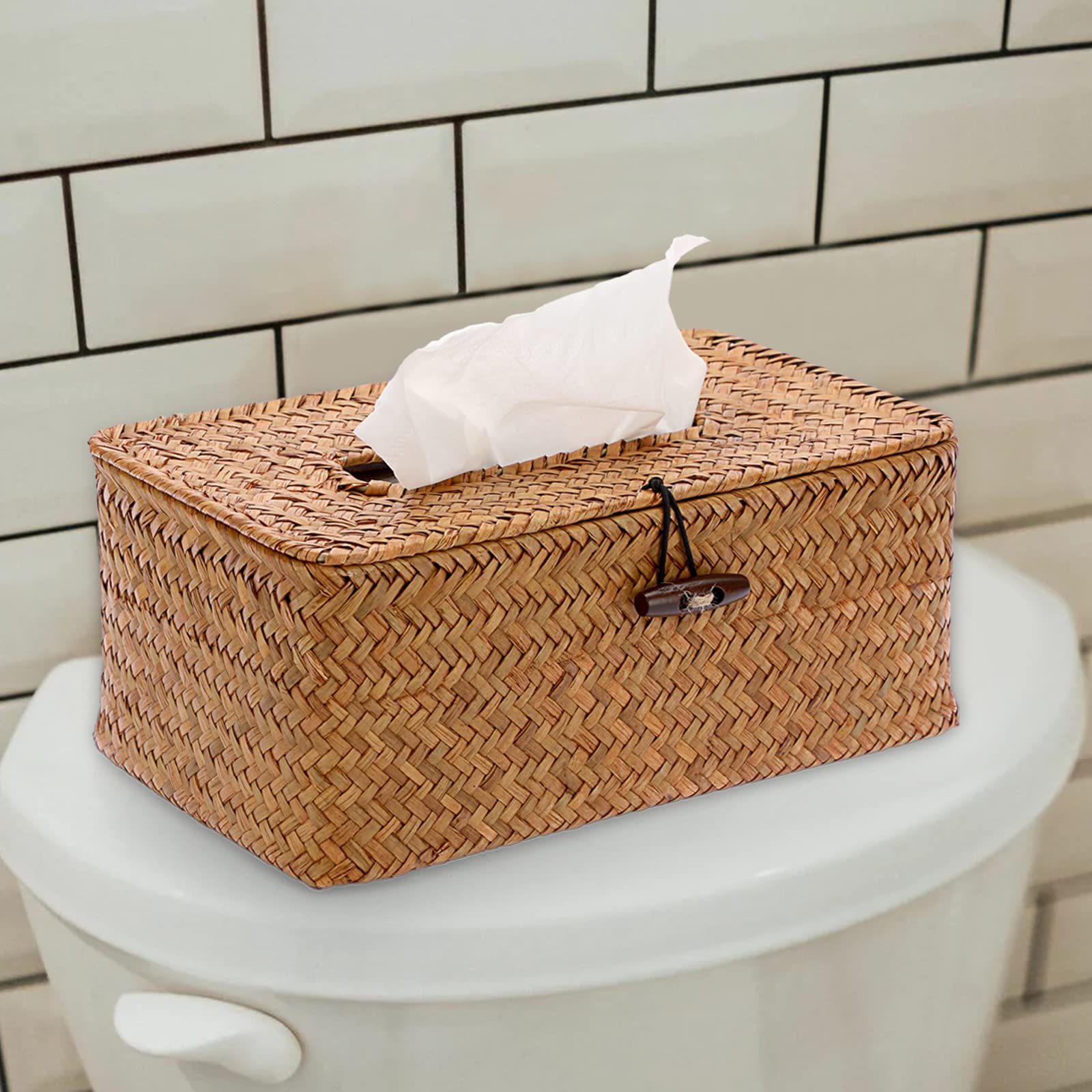 BTSKY Scatola rettangolare per fazzoletti facciali in alghe marine, decorativa in vimini intrecciato, organizer per cucina, bagno, ufficio e hotel, caramello