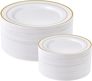 FOCUSLINE Gold Plastic Plates Set of 60, Disposable Plastic Party Plates with Gold Rim 30 Dinner Plates 10" and 30 Salad Dessert Appetizer Plates 7", Elegant Fancy Heavy Duty Wedding Party Plates