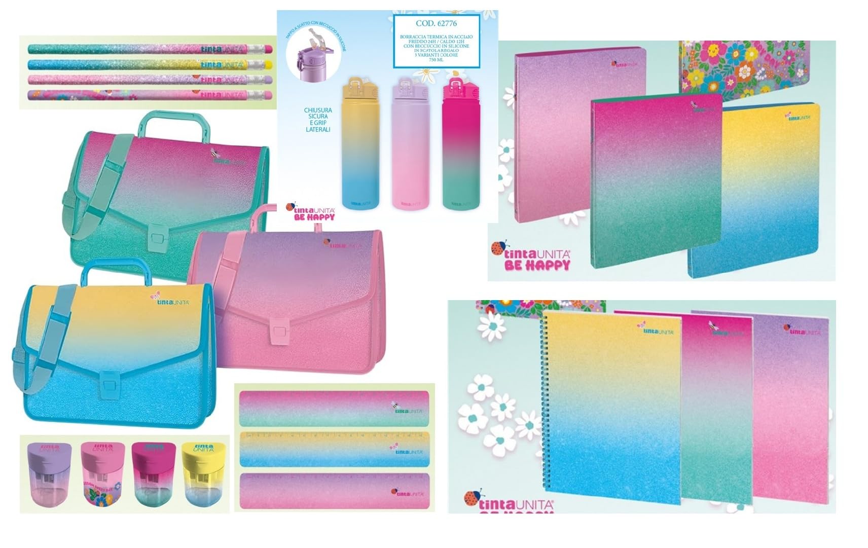 Be Happy Set mit 1 Koffer aus PPL 27 x 38 + 1 Ordner 4 Ringe D30 + 2 Maxi-Hefte 80ff + 1 Lineal 15 cm + 2 Bleistifte + 1 Spitzer 3 Löcher + 1 Trinkflasche