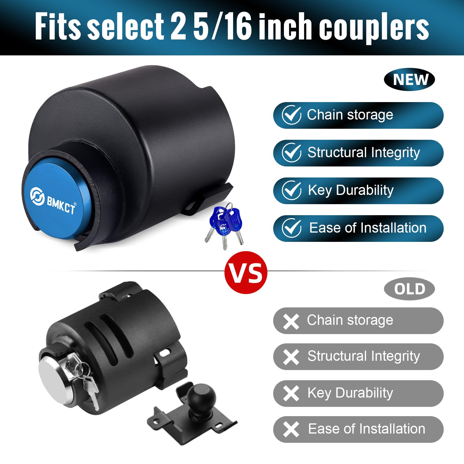 Trailer Lock Fits 2 ＆ 2 5/16 Inch Couplers, 2 in 1 Heavy Duty Trailer Coupler Lock, Ultra-Thick Solid Steel Trailer Hitch Lock, Camper Accessories for RV, Trailer, Boat, Pickup (Blue)