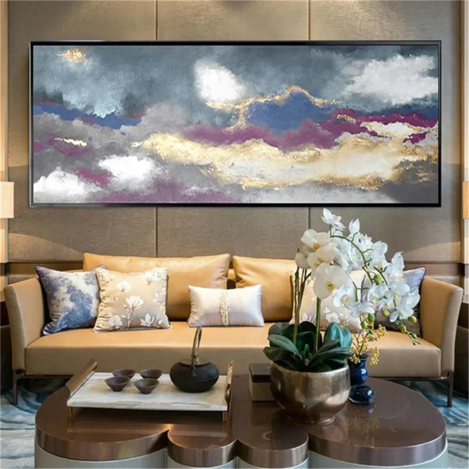 Pintura al óleo de gran tamaño sobre lienzo, carteles de lámina dorada púrpura, obras de arte, del hogar, pinturas de arte abstracto moderno, 30x50cm/(12x20 pulgadas) con marco negro