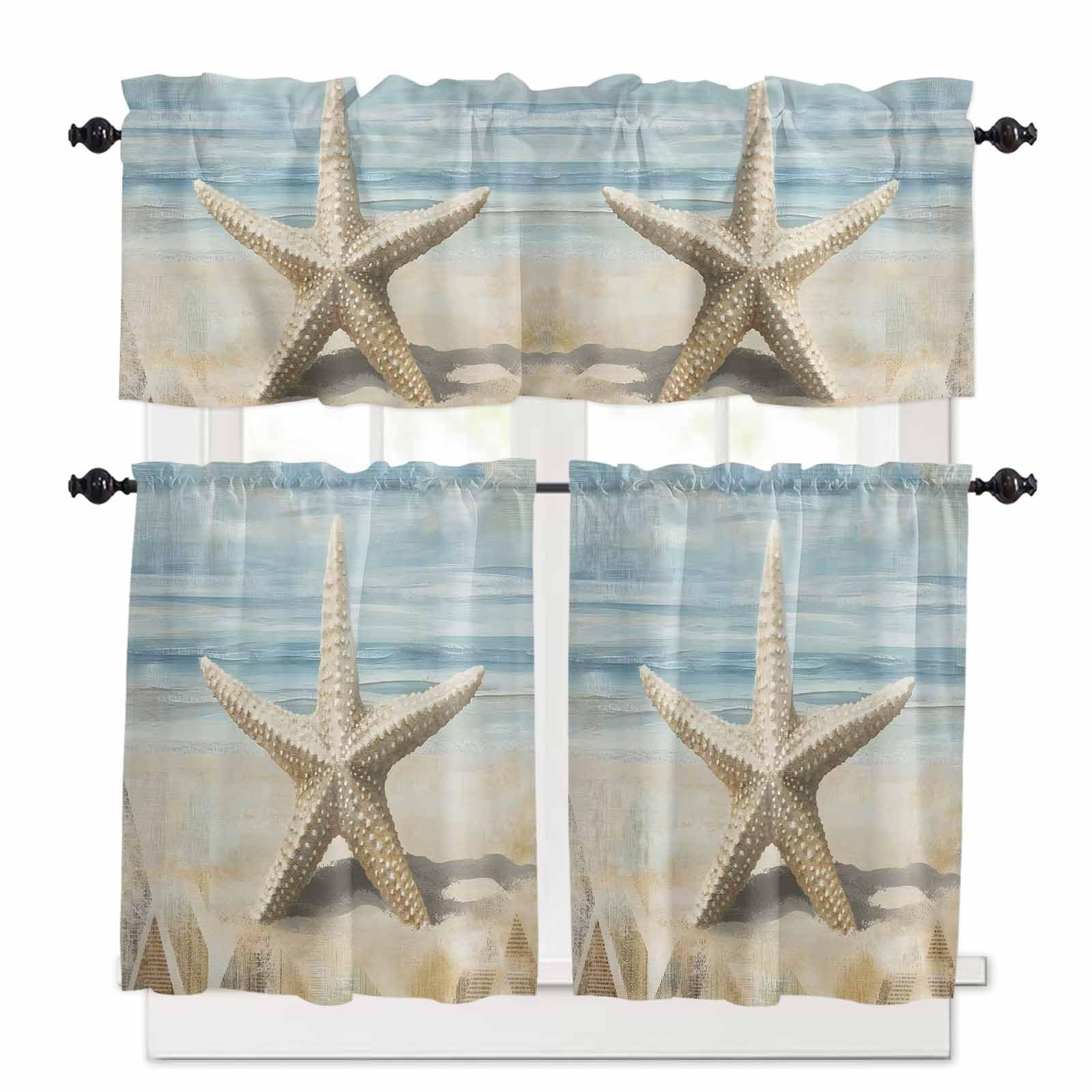 Coastal Beach Starafish Kitchen Curtains 24 Inch Length, 3 Piece Rod Pocket Small Half Tiers and Valance Set, Summer Ocean Wave Blue Beige Small Large Window Treatment Decor for Bedroom/Bathroom Sink