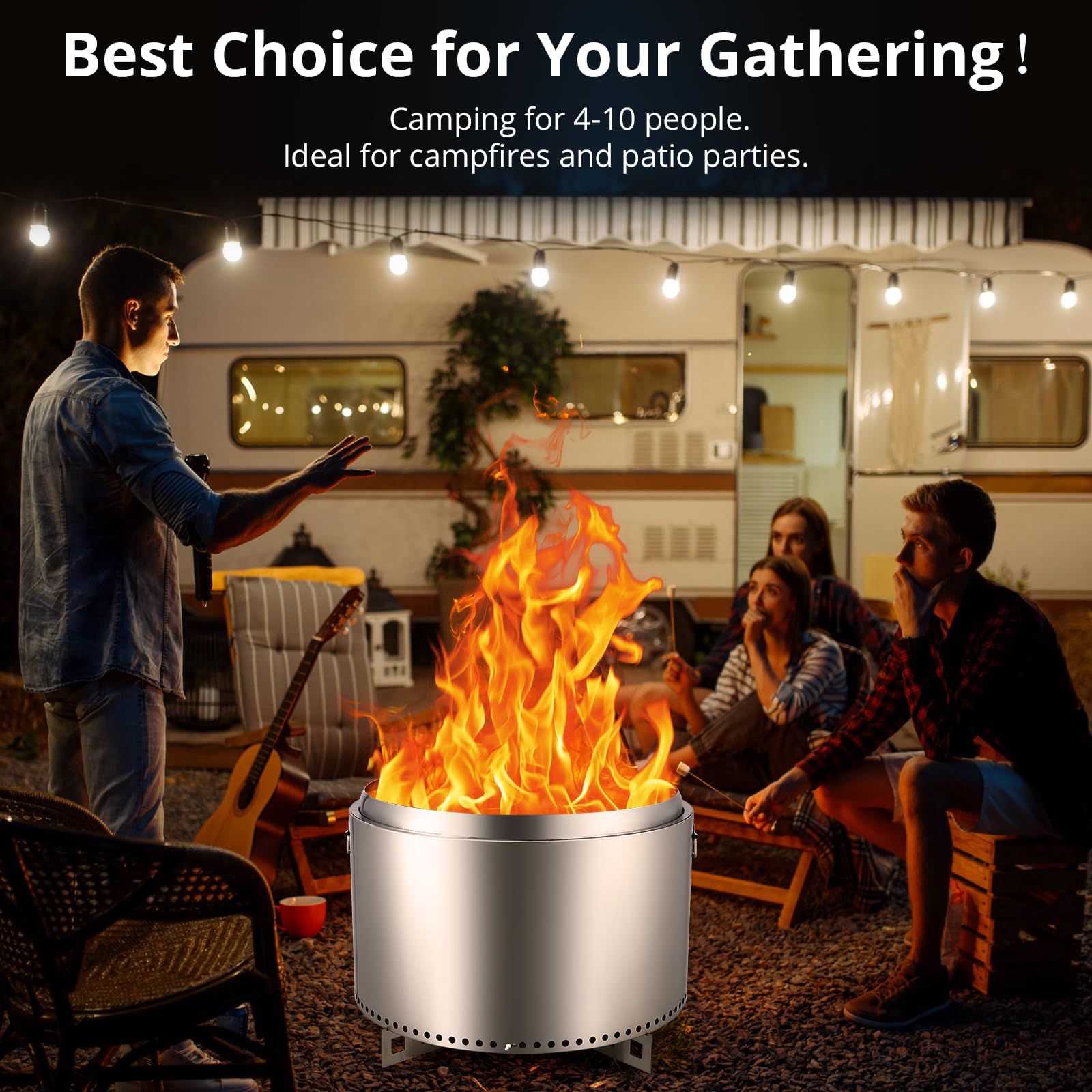 Brasero Exterior sin Humo con Interruptor de Aire, 68.5 cm (27 Pulgadas), de Acero Inoxidable, con Soporte Desmontable y cenicero. Ideal para fogatas, picnics y Otras Actividades al Aire Libre como a