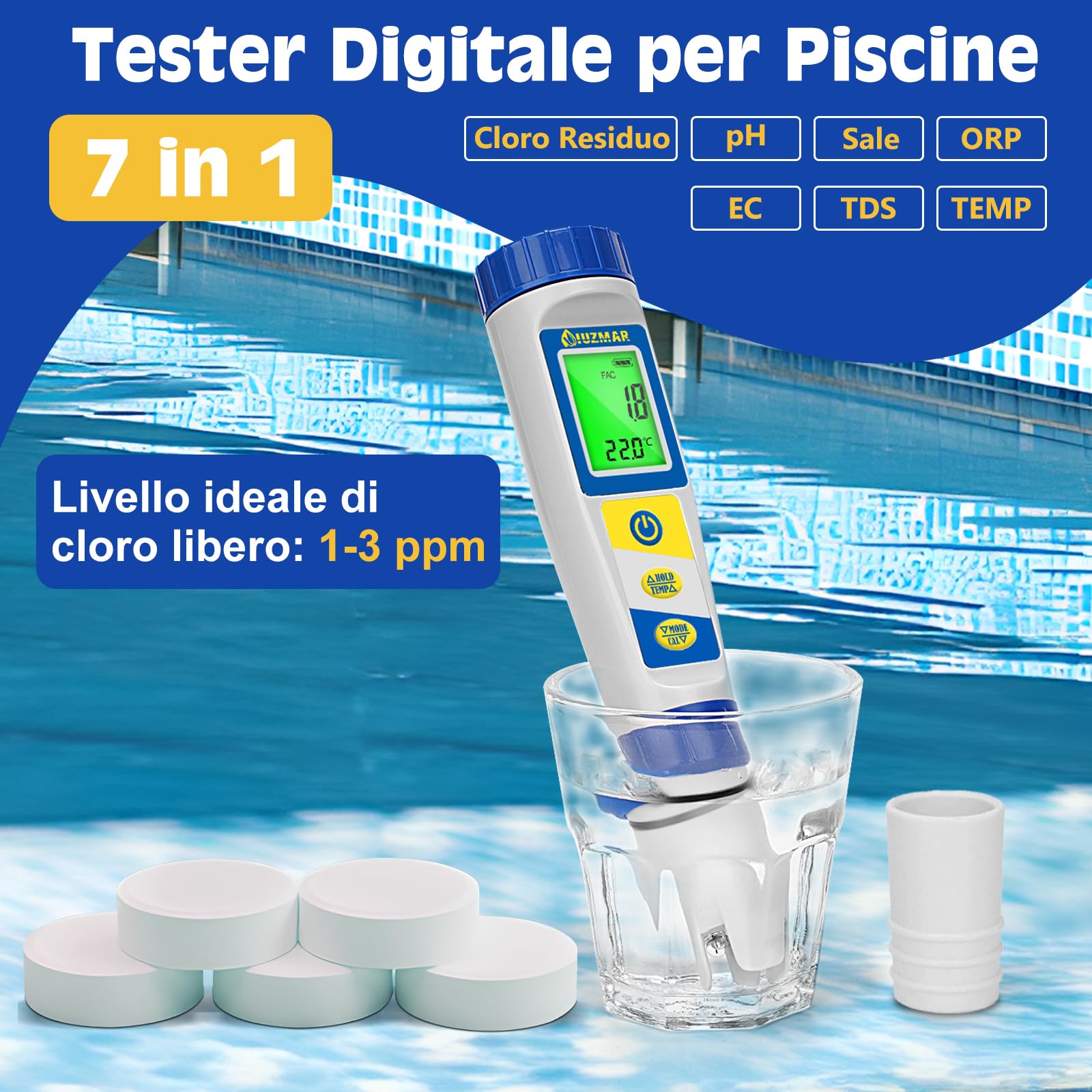 UIUZMAR Misuratore Cloro e Sale per Piscina, Tester Piscina pH e Cloro Digitale, Misuratore Multifunzionale di pH, EC, ORP e TDS Salinità Cloro Residuo per Piscine di Acqua Salata, Acquari, Idroponica