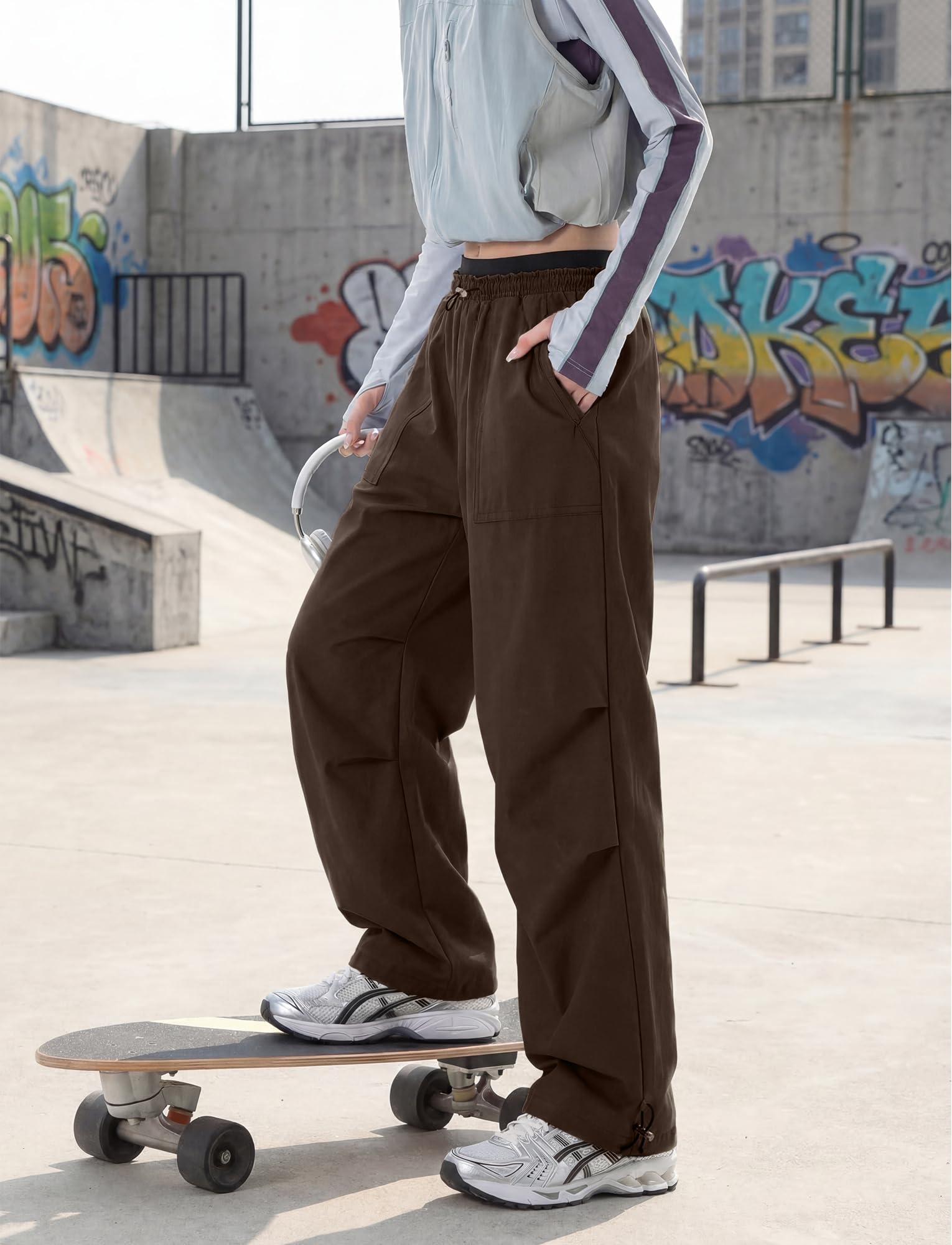 FEOYA Cargohose Damen Y2K Wasserdicht Wanderhose Weites Bein Parachute Pants Schnelltrocknend Outdoorhose Casual Jogginghose
