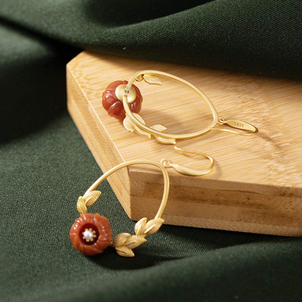 Vintage Aretes Largos S925 Mujeres Plata Chapada En Oro De Ágata Natural Lotus Encanto Elegante De Estilo Chino De Gama Alta De Temperamento Temperamento Don