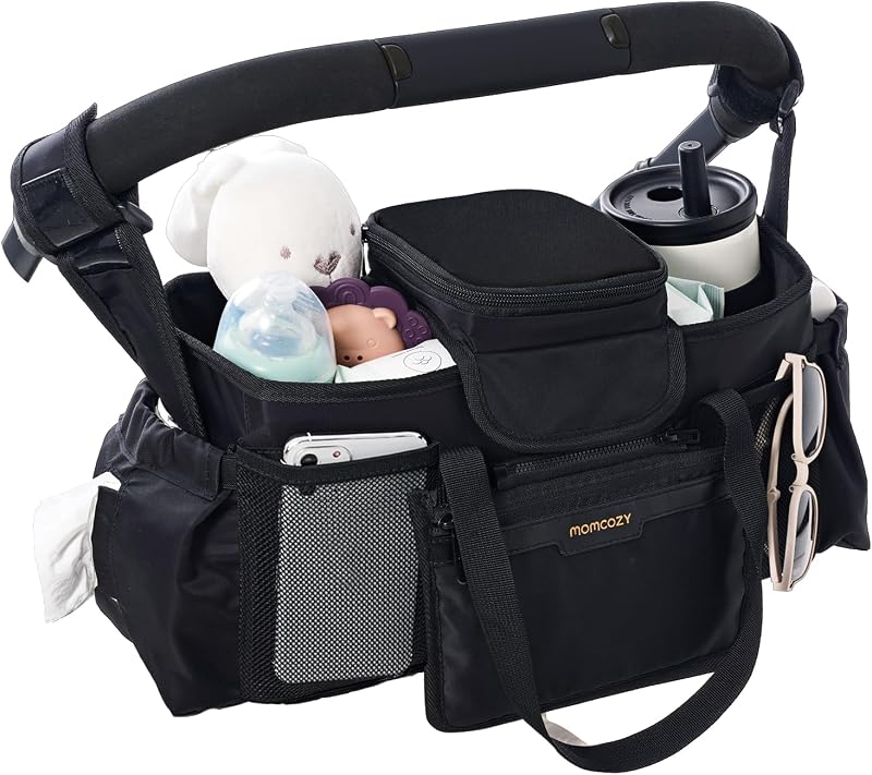 Momcozy Extra-Large Stroller Organizer Max with 2 Insulated Cup Holders | Food-Grade Pacifier Bag with Anti-Slip Straps, 3-Way Carry, Detachable Pouch, Fits for UPPAbaby and Doona