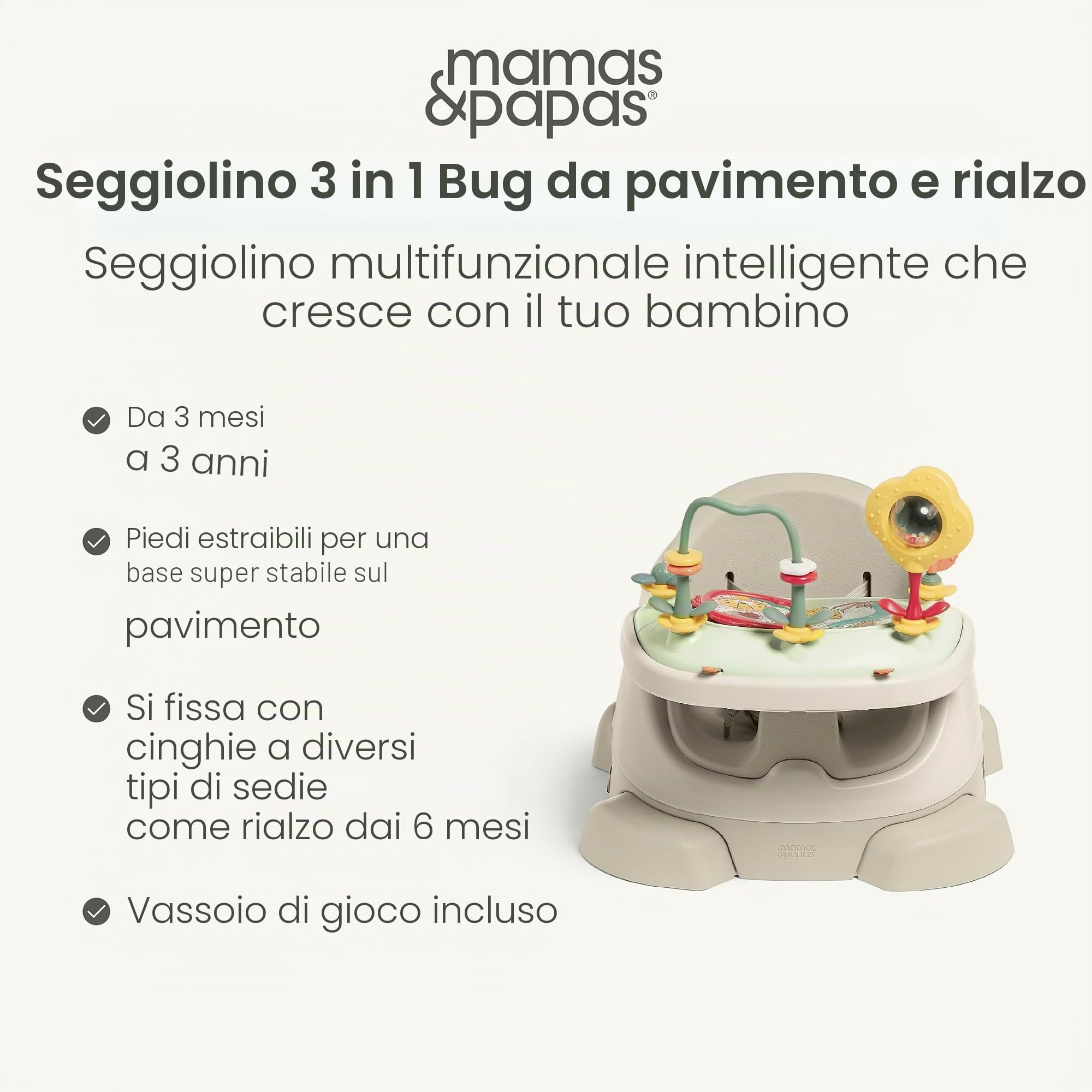 Mamas & Papas Baby Bug seggiolino pappa, vassoio staccabile, imbracatura, seduta regolabile e piedini antiscivolo, Pebble Grey