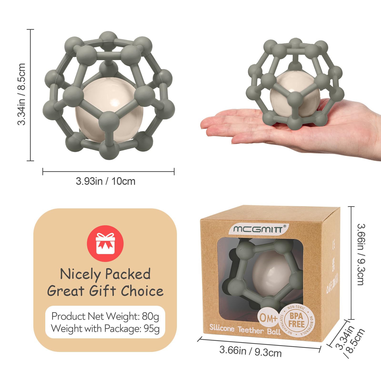 MCGMITT Sonajero Mordedor Bebe Silicona, Pelota Sensorial Bebe Agarre Luz y Suave Juguetes para 0 3 6 9 12 Meses Bebes sin BPA, 10cm, Regalos para Recién Nacidos (Gris grisáceo)