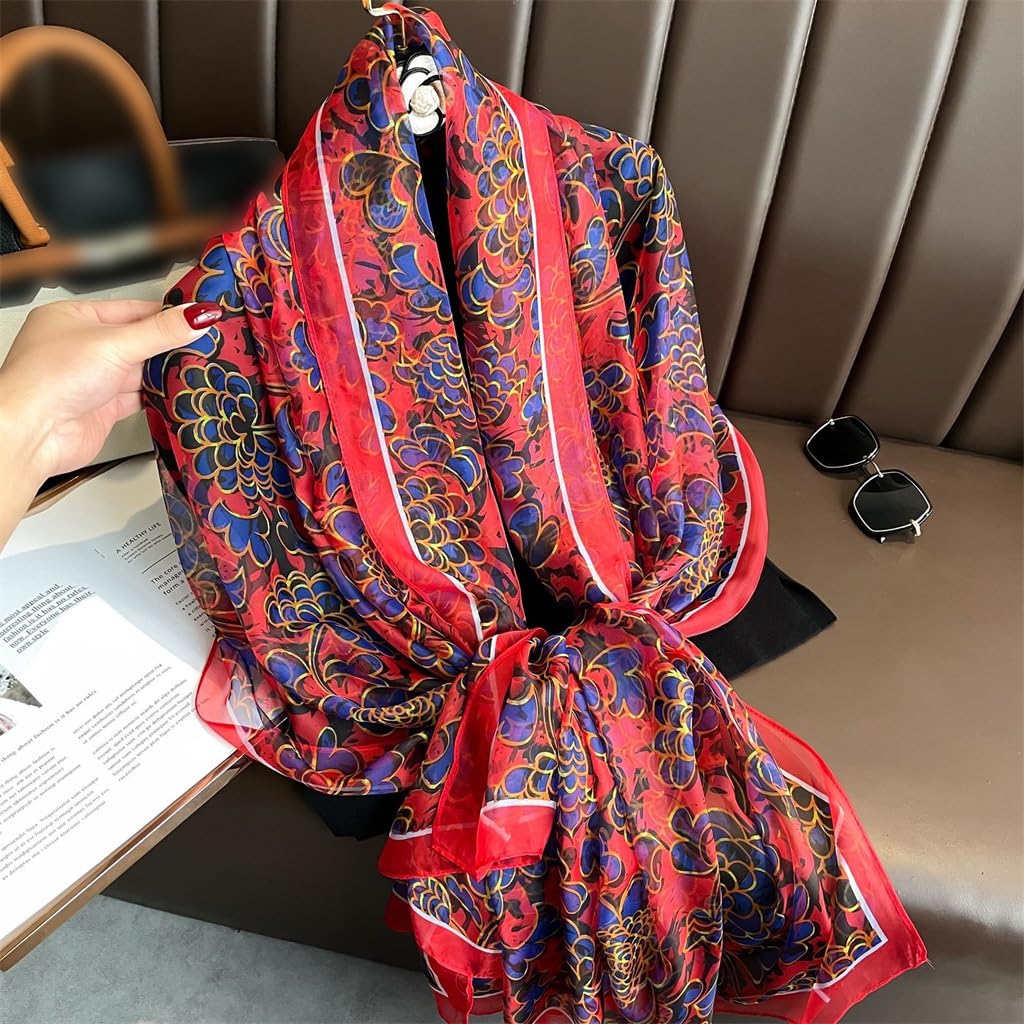 Foulard en Soie Douce Grande Taille imprimé Foulard de Plage Pivoine Xiangyun Tourisme Vacances crème Solaire écharpe