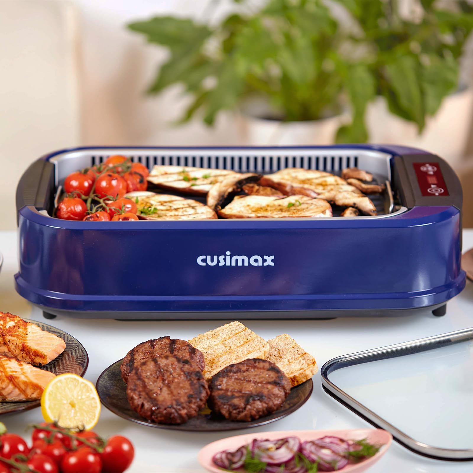 CUSIMAX Barbecue Électrique pour Balcon, Barbecue de Table avec Contrôle de Température à Écran Tactile LED, Barbecue Sans Fumée avec Couvercle en Verre Trempé, 1500W