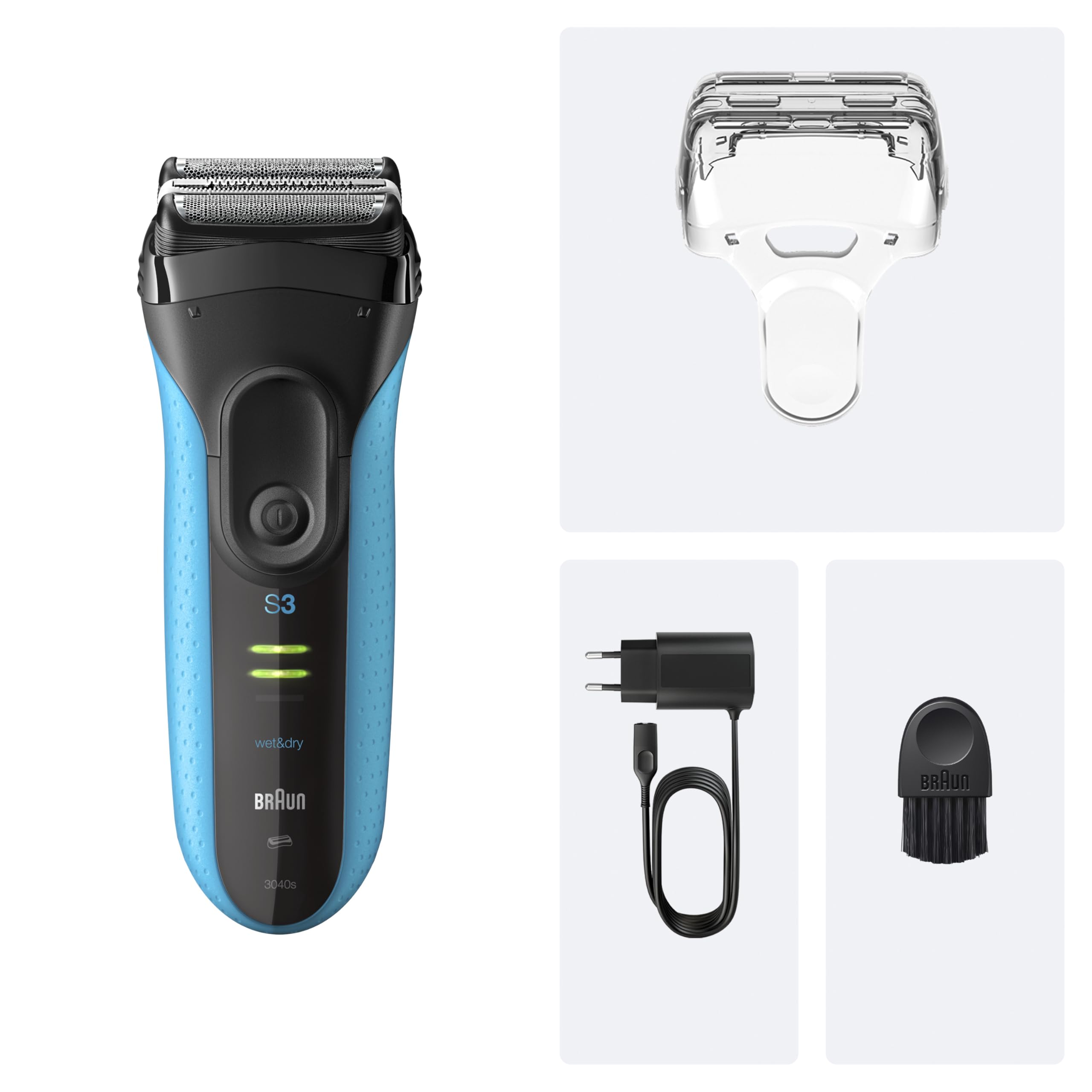Braun Rasierer Herren Elektrisch Series 3+, 3040si, Blau - Kabelloser Elektrorasierer mit 3 Flexible Klingen, Barttrimmer mit 45 Min. Akku, Wasserdicht, Made in Germany, Inkl. Schutzkappe
