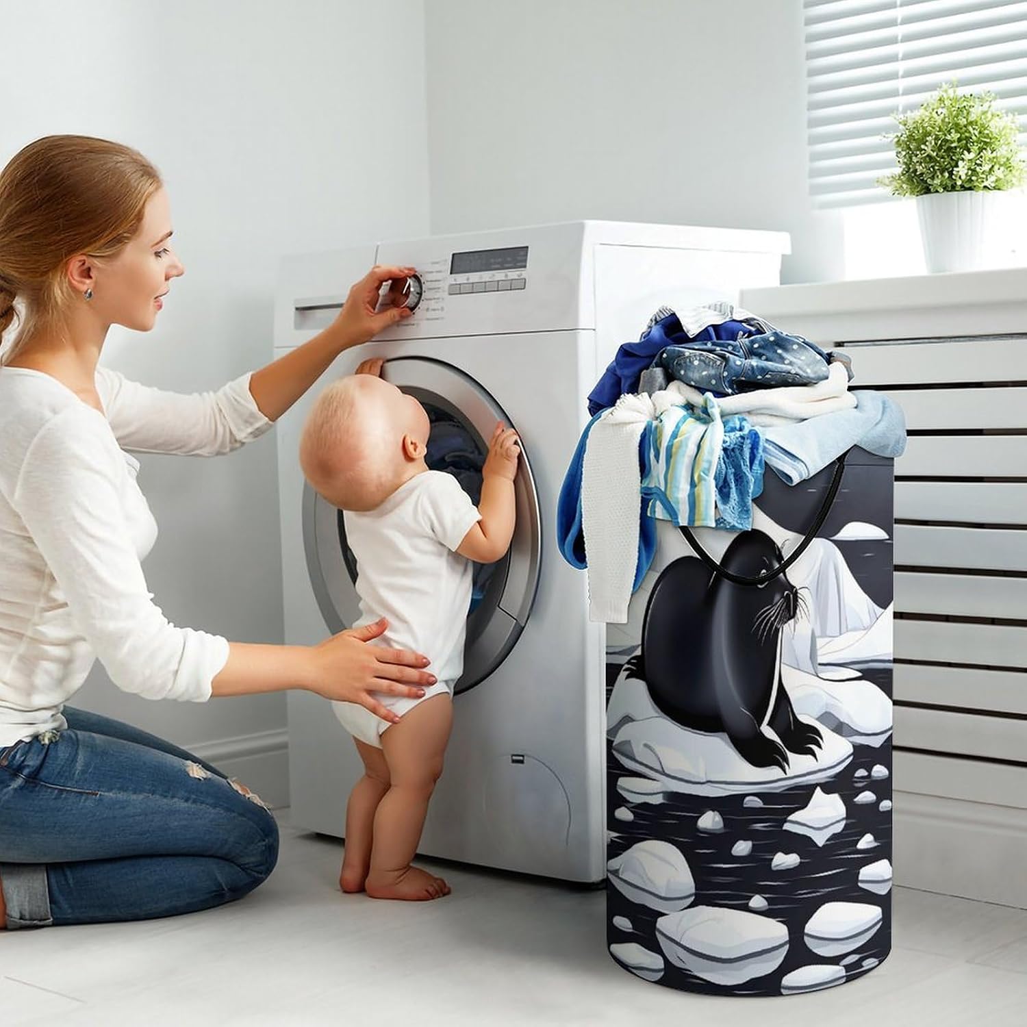 Large Laundry Basket Collapsible Dirty Clothes Basket with Carry Handles Portable Waterproof Freestanding Seals on Ice Laundry Hamper for Bathroom Bedroom Laundryroom Dorms 86L