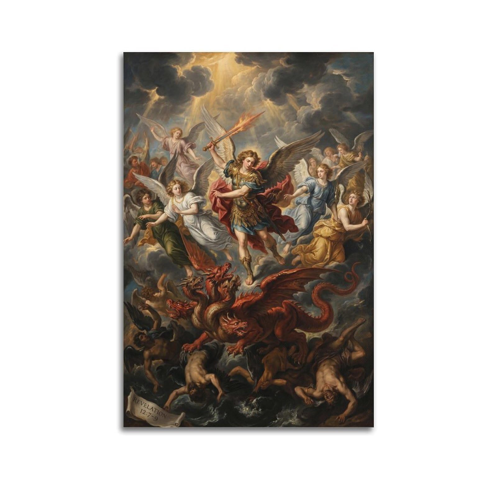 OKNGB Religious Bible Poster St. Michael Archangel Vs Satan Dragon Decorative Painting Canvas Art Picture 20x30inch(50x75cm)