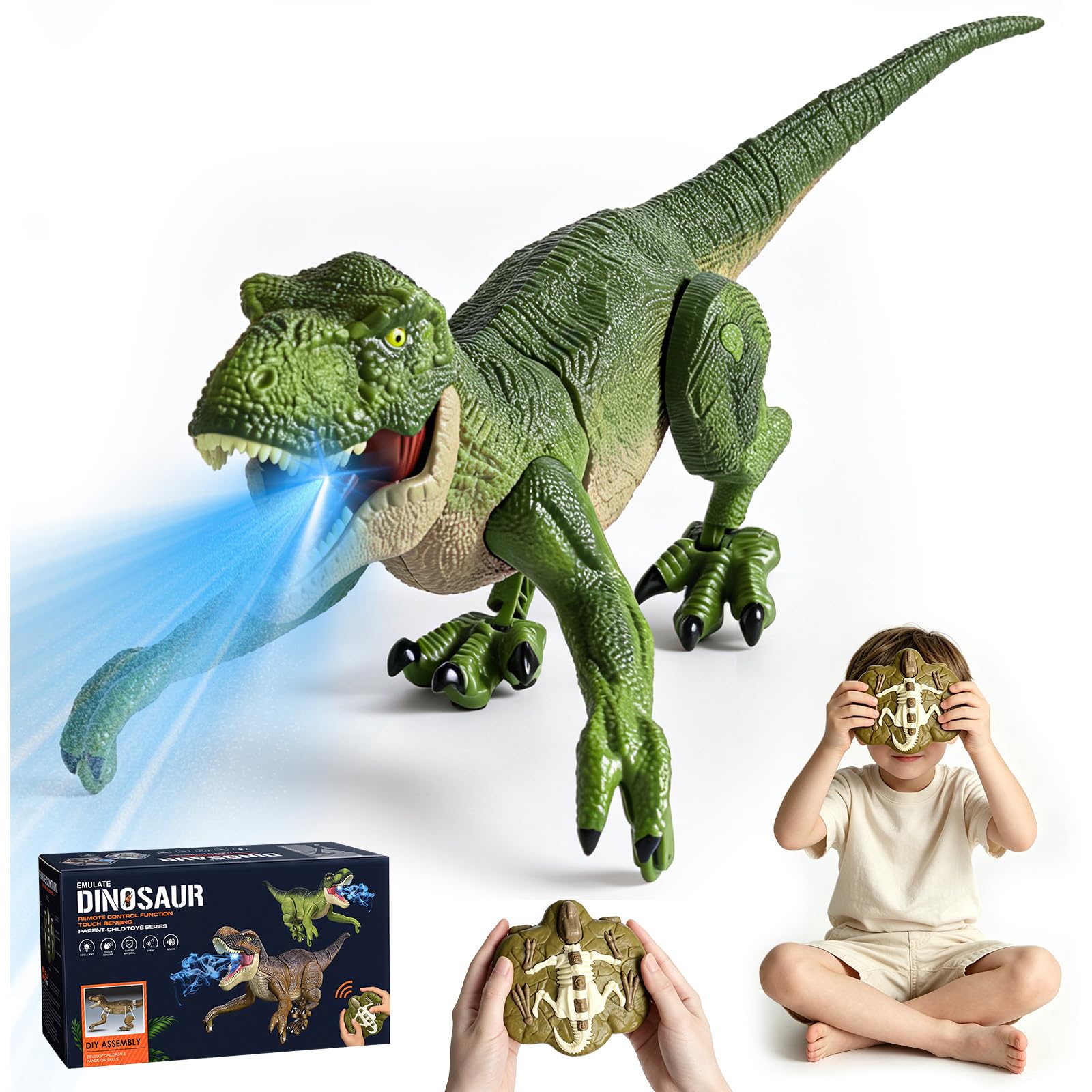 Giocattolo a forma di dinosauro, giocattolo radiocomandato a LED per bambini, robot RC Dino con rumore, funzione spray, movimenti testa e coda, regalo per ragazzi e ragazze 3-12 anni