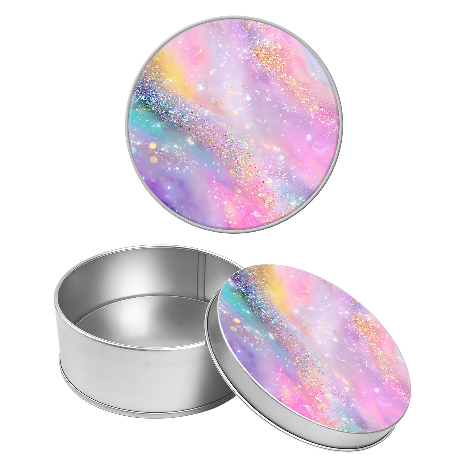 Round Metal Tin Container with Removable Lid, Rainbow Marble Durable Metal Storage Box for Crafts Snacks Candies Office Supplies Small Items 3.54 x 1.38 inch– Single Pack