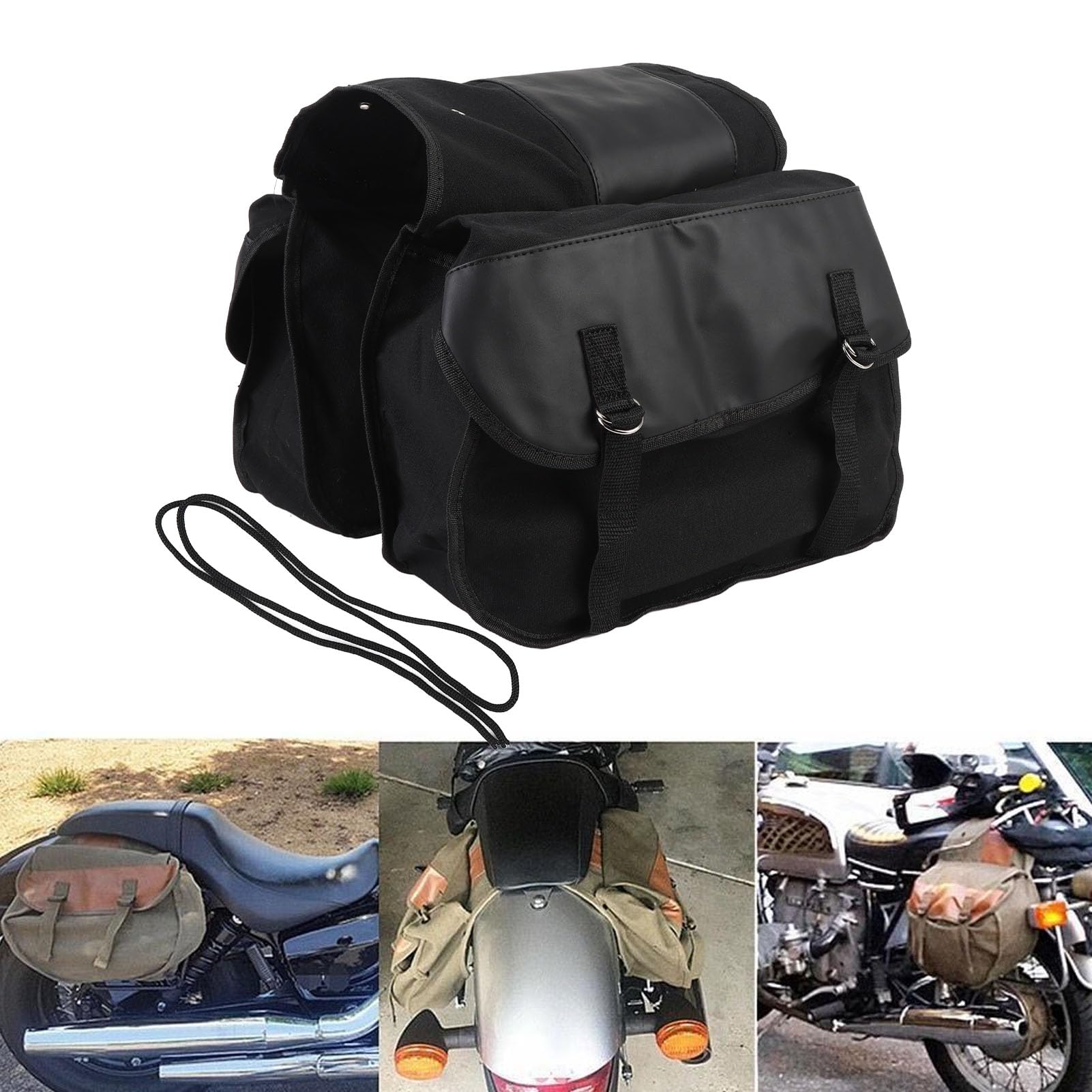 Luocute Sakwy Motocyklowe, Wodoodporne Płótno PU Skóra Rowerowa Torba na Tylne Siedzenie z Podwójnymi Kieszeniami Bocznymi i Regulowanym Paskiem, na Jazda Rowerze Podróżowanie Dojazdy (BLACK)