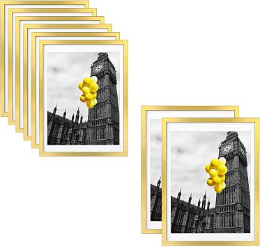 12x16 Picture Frame Set, Display Pictures 11x14 with Mat or 12x16 Without Mat,Wall Gallery Photo Frames, Polished Gold