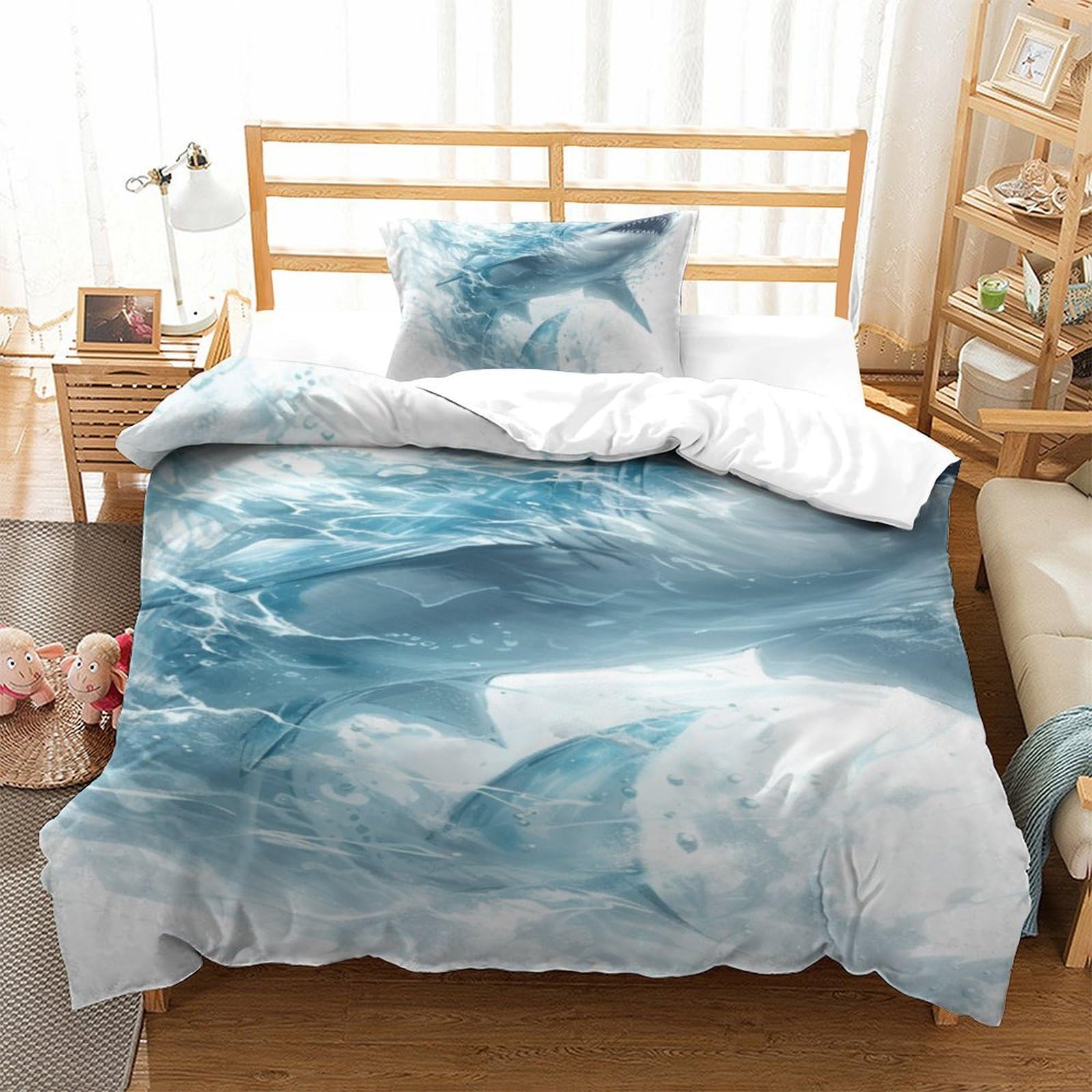 Housse de couette requin 135x200 cm parure de lit microfibre douce facile à laver sans repassage