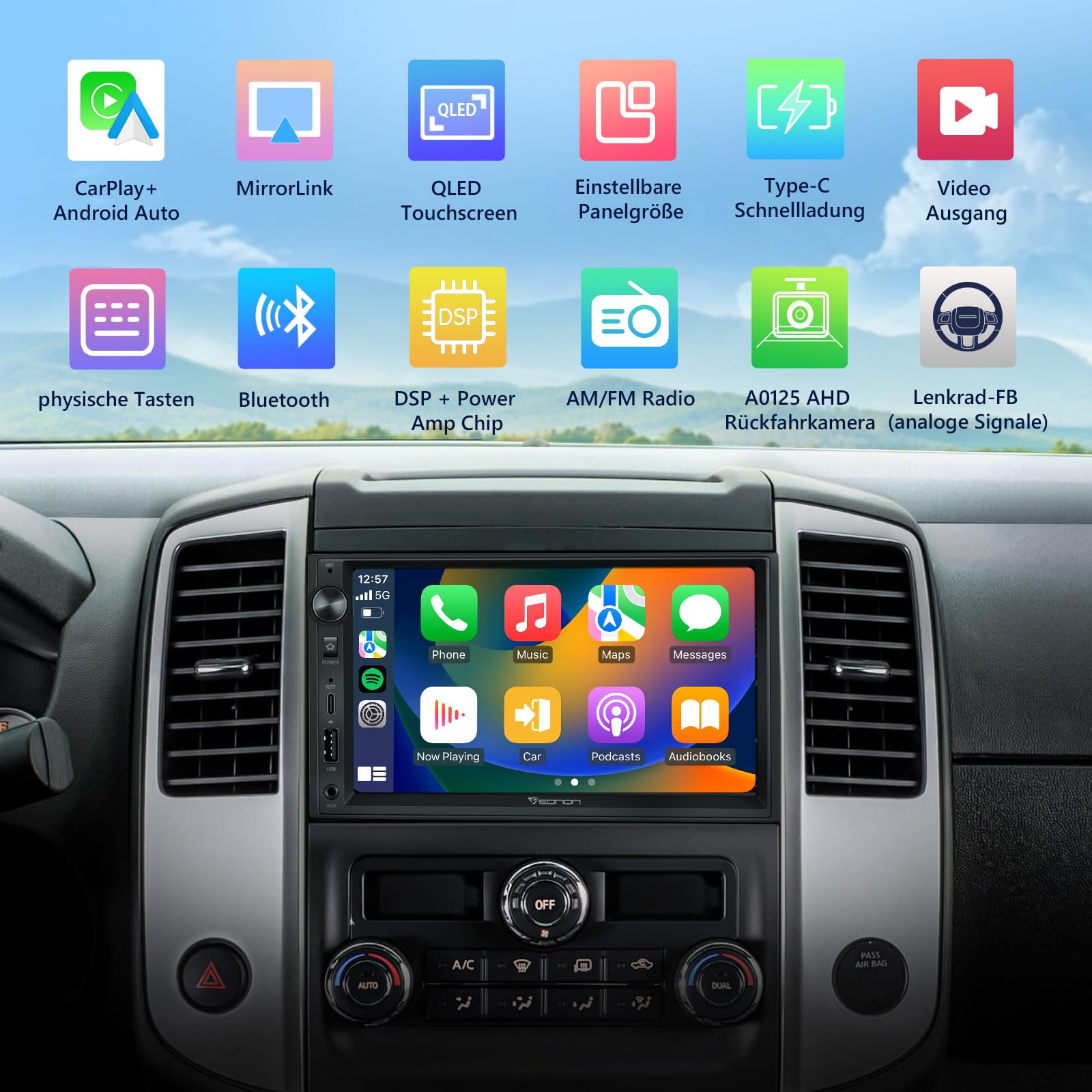 Eonon 7 Zoll Linux Doppel-Din-Autoradio, kabellos, CarPlay, Android Auto, Schnellladung, USB, DSP, Bluetooth, MirrorLink, RCA-Eingang/Ausgang, AUX-Eingang mit Rückfahrkamera X3