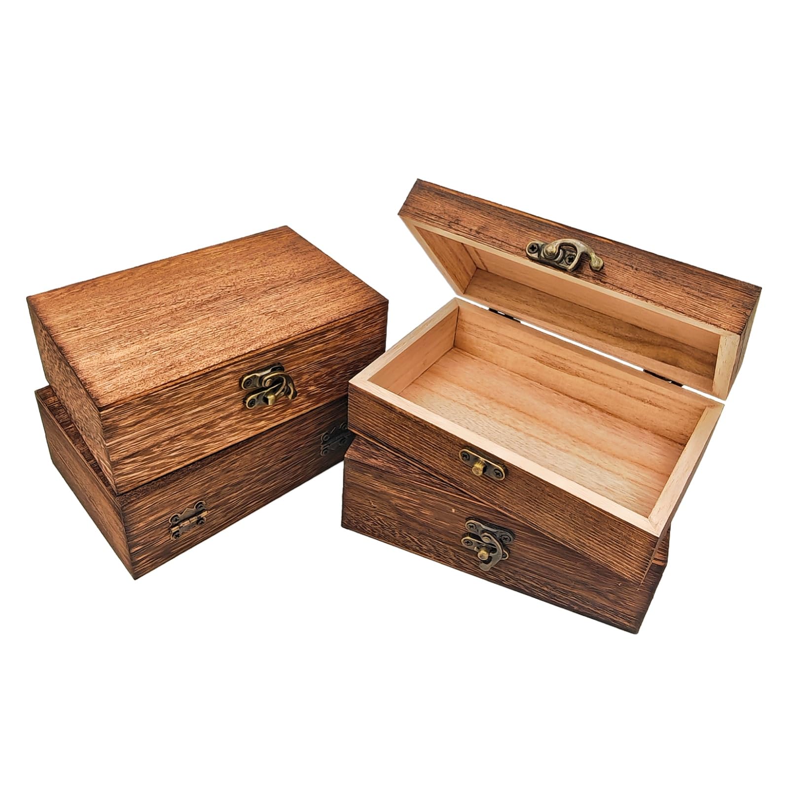 Anktily 4 Pack Heavy Burnt Unfinished Wooden Box, Rustic Wood Storage Box with Hinged Lid & Clasp for DIY Craft, Jewelry and Home Organisation (15 x 10 x 5 cm)