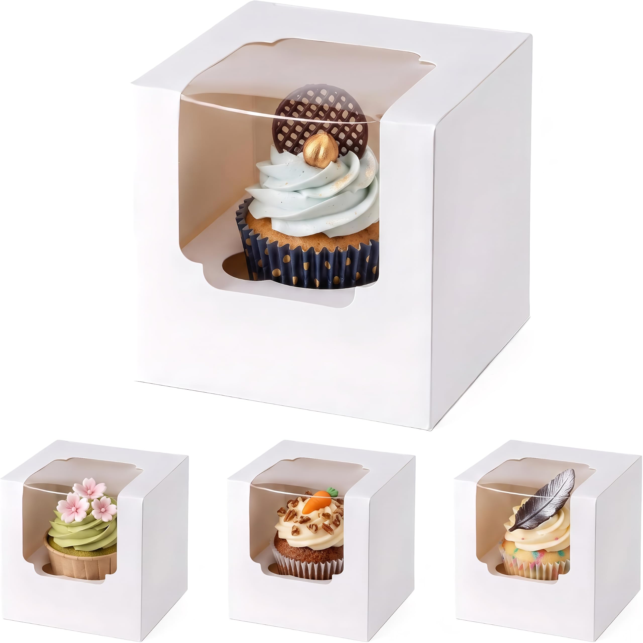 Vesmiga Individual Cupcake Boxes 20 Pack, White Cupcake Boxes with Window & Removable Inserts, Auto Pop-Up Design, Single Cupcake Boxes for Wedding, Birthday & Party Favours, 8.9 × 8.9 × 8.9 cm