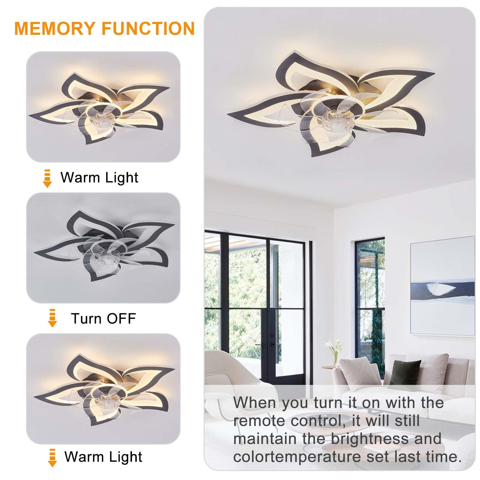 Ventilateur Plafond Avec Lumière LED Silencieux Dimmable DC Réversible 6 Vitesses Télécommande Noir