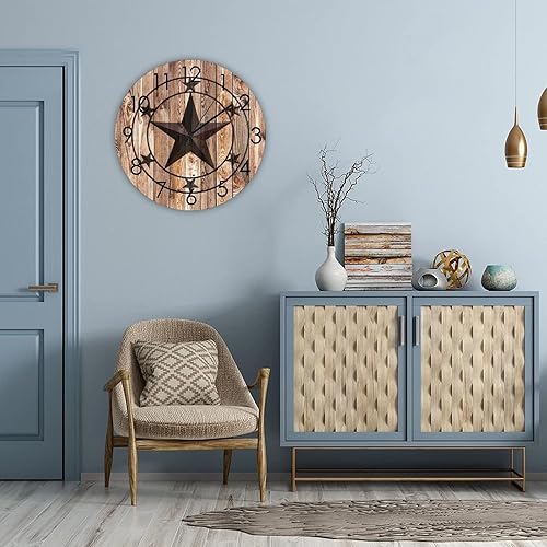 Miniatura 8 de Reloj de pared redondo rústico con estrella de Texas, funciona con pilas, sin tictac, silencioso para colgar en la pared, reloj de madera, vintage,