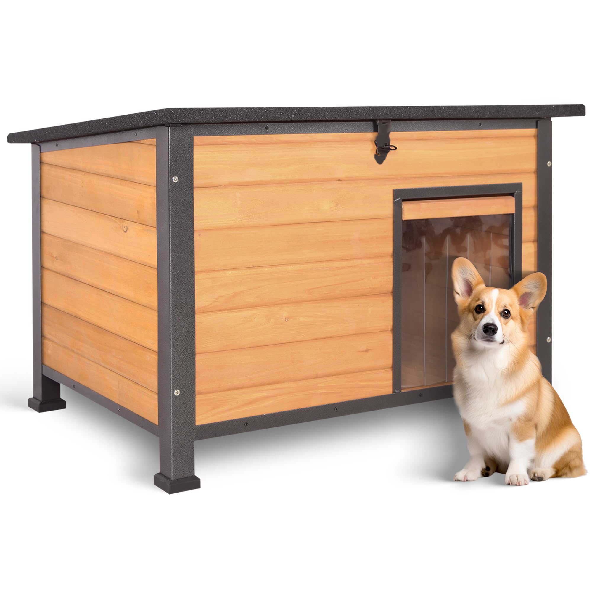 ALEKNEKI Dog House Outdoor Weatherproof, Sturdy Large Breed Doghouse Anti-Chewing Iron Frames Wood Houses, Dog Shelter for Indoor Puppies, Cats